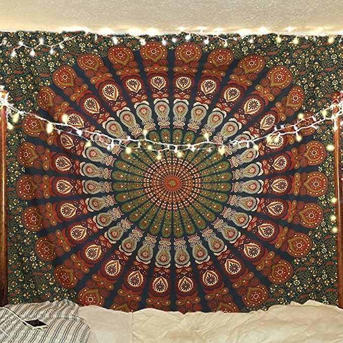 Bless International Handmade Indian hippie Bohemian Psychedelic Peacock Mandala Wall hanging College Dorm Beach Throws Table Cloth Bedding Tapestry (Golden Green, Twin(54x72Inches)(140x185cms))