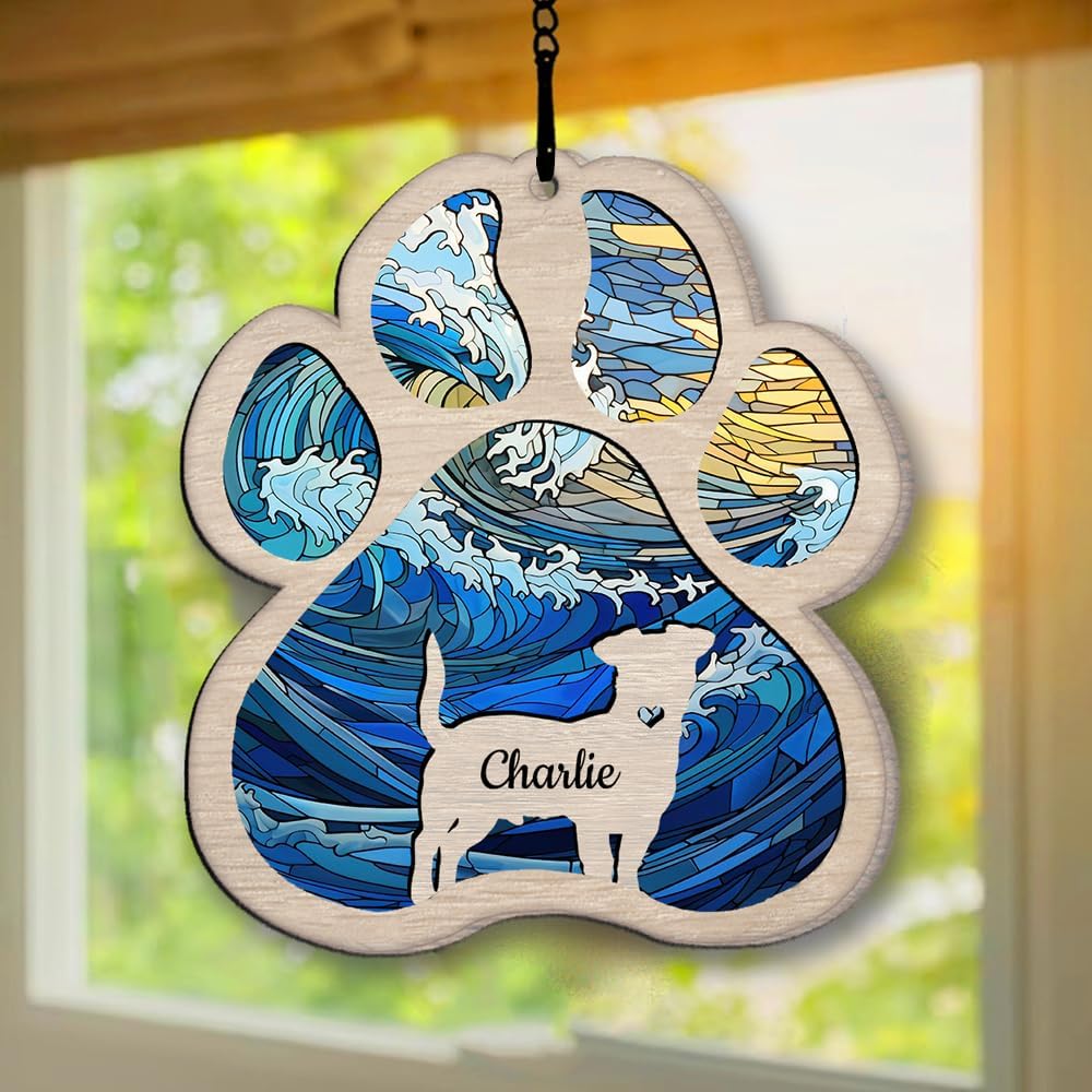 IZI POD Personalized American Bulldog Suncatcher Dog Memorial Ornament, Custom Pet Loss Gift, Rustic Fiber Wood & Acrylic Plexiglass, Hanging