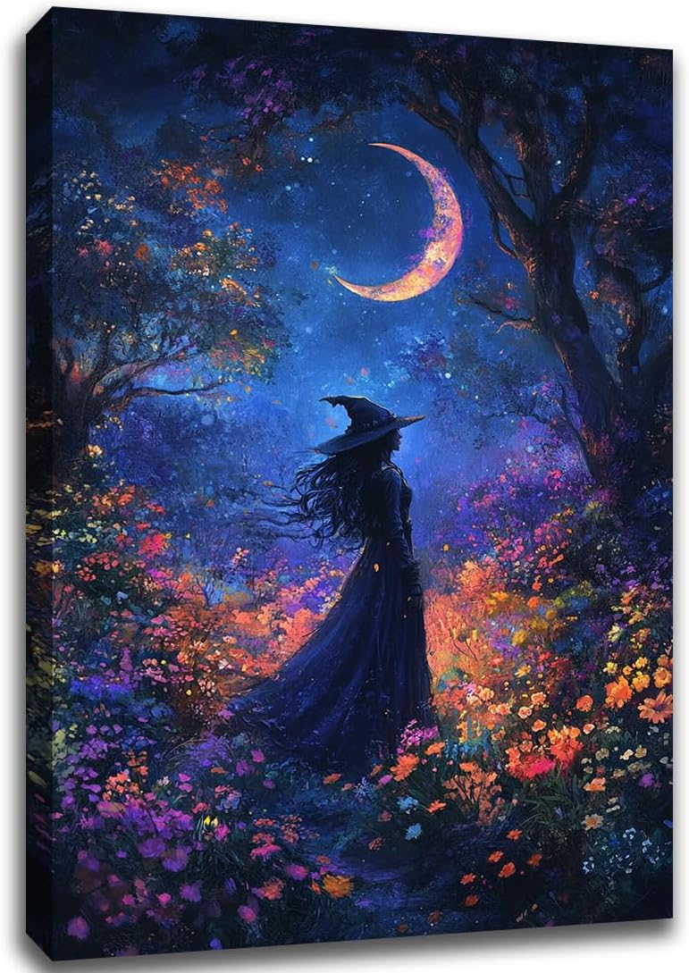 Vintage Halloween Witch Decor Mystic Gothic Wall Art Poster,Enchanting Witch Fall Whimsical Wildflowers Woodland Forest Crescent Moon Picture Art,Creepy Witchy Home Decor,24"x36" Framed