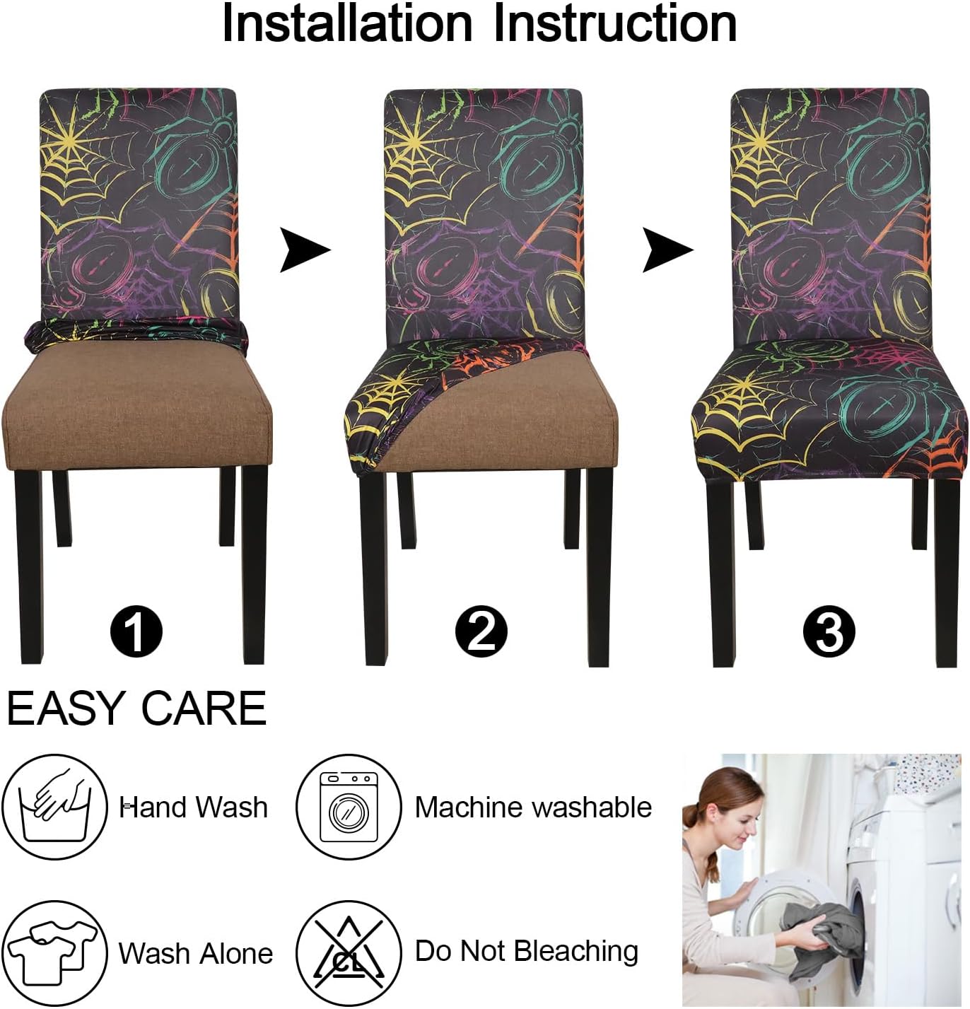 JQinHome Spider Halloween Chair Slipcover,Web Black Chair Covers Set of 6, High Stretch Washable Chair Protector Cover for Dining Room, Kitchen,Home Party,Wedding Ceremony(Spider,6PC)