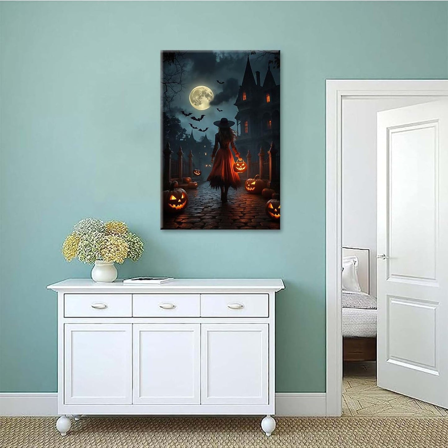 JFHCQJPK Halloween theme poster moonlit autumn night witch vintage poster art print dark college style gothic painting canvas wall decoration bedroom living room ideal gift28x40in Frameless