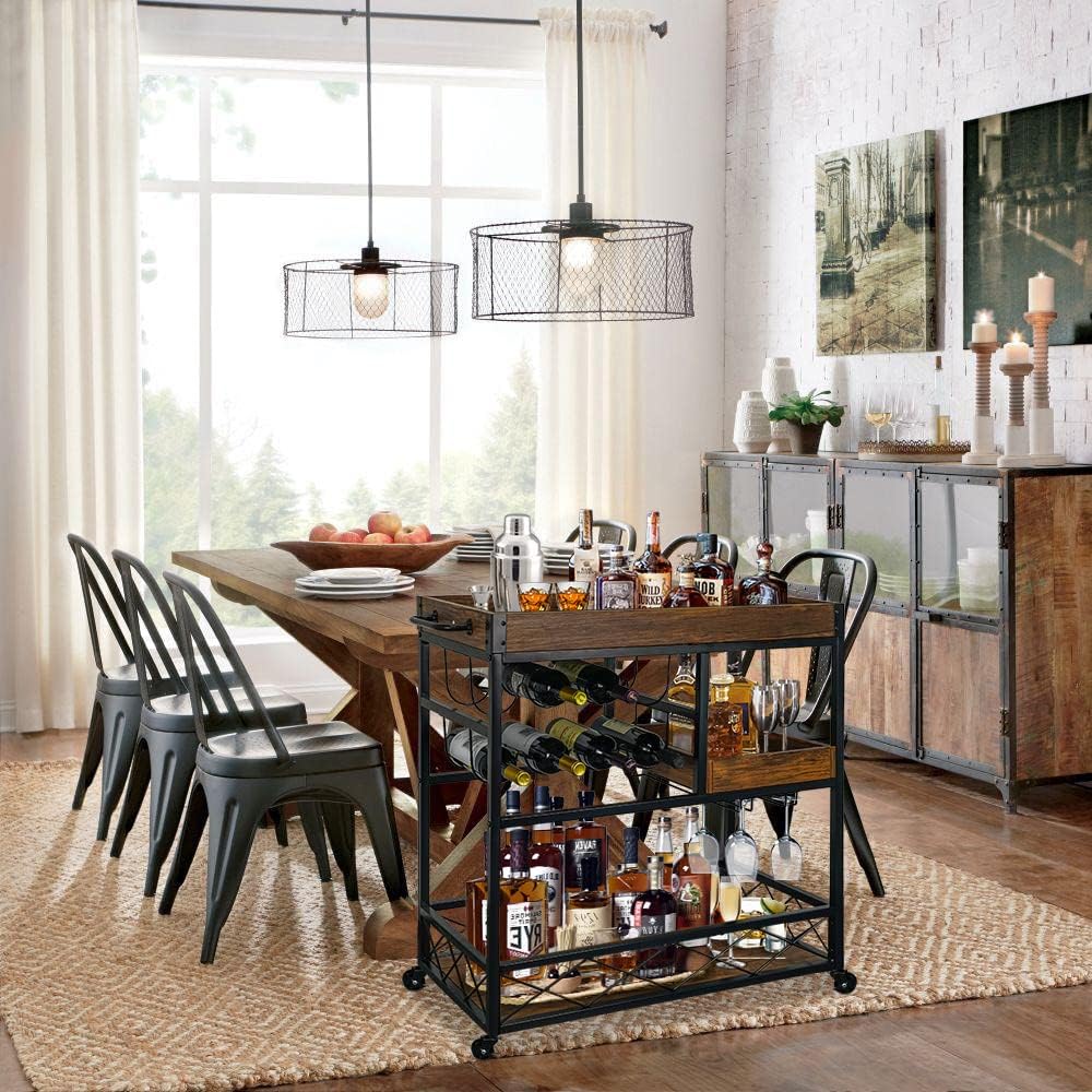 Bar Cart Industrial Kitchen Serving Carts for Home 3 Tier Storage Trolley with Wine Rack Glasses Holder Two Portable Trays Universal Casters with Brakes Rustic Rolling Cart Alcoholic Beverage