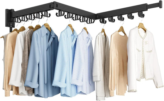 Clothes Drying Rack, Wall Mounted Laundry Drying Rack, Upgrade 3-Fold Foldable Collapsible Retractable Clothing Drying Rack with 12 Dual Hooks Organization for Laundry Room Indoor- Black