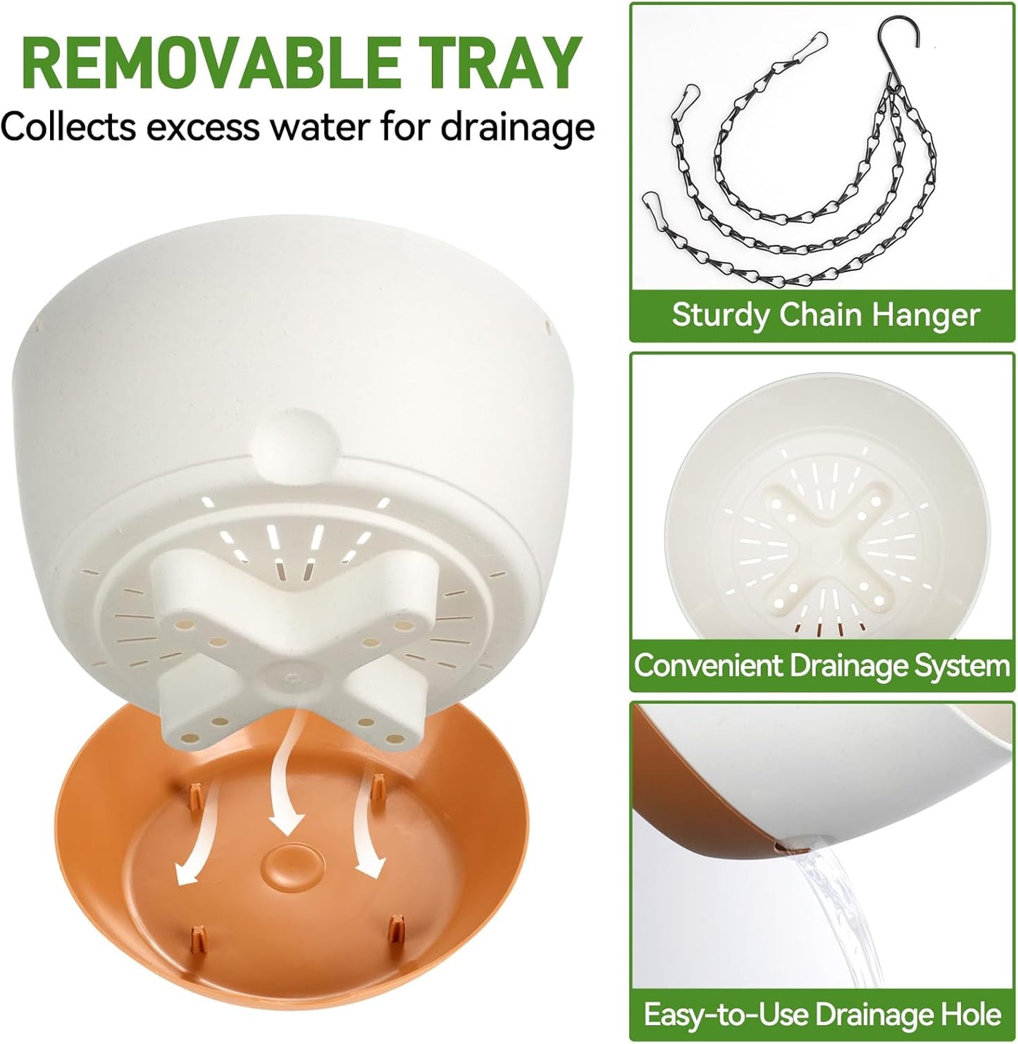 10 Inch Hanging Planters for Indoor & Outdoor Use (2 Pack) - Self-Watering & Drainage Flower Pots with Chain & Macrame Hangers (White, 10 in)