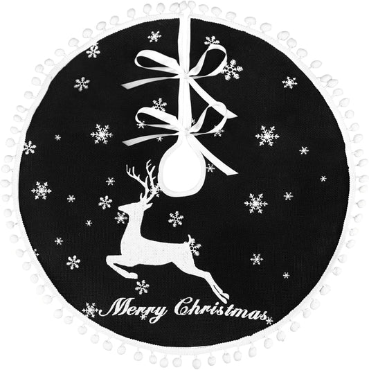 24 Inch Christmas Tree Skirt, Burlap Black Christmas Rustic Tree Skirt with Elk Deer and White Snowflake Printed for Holiday Party Xmas Tree Decoration
