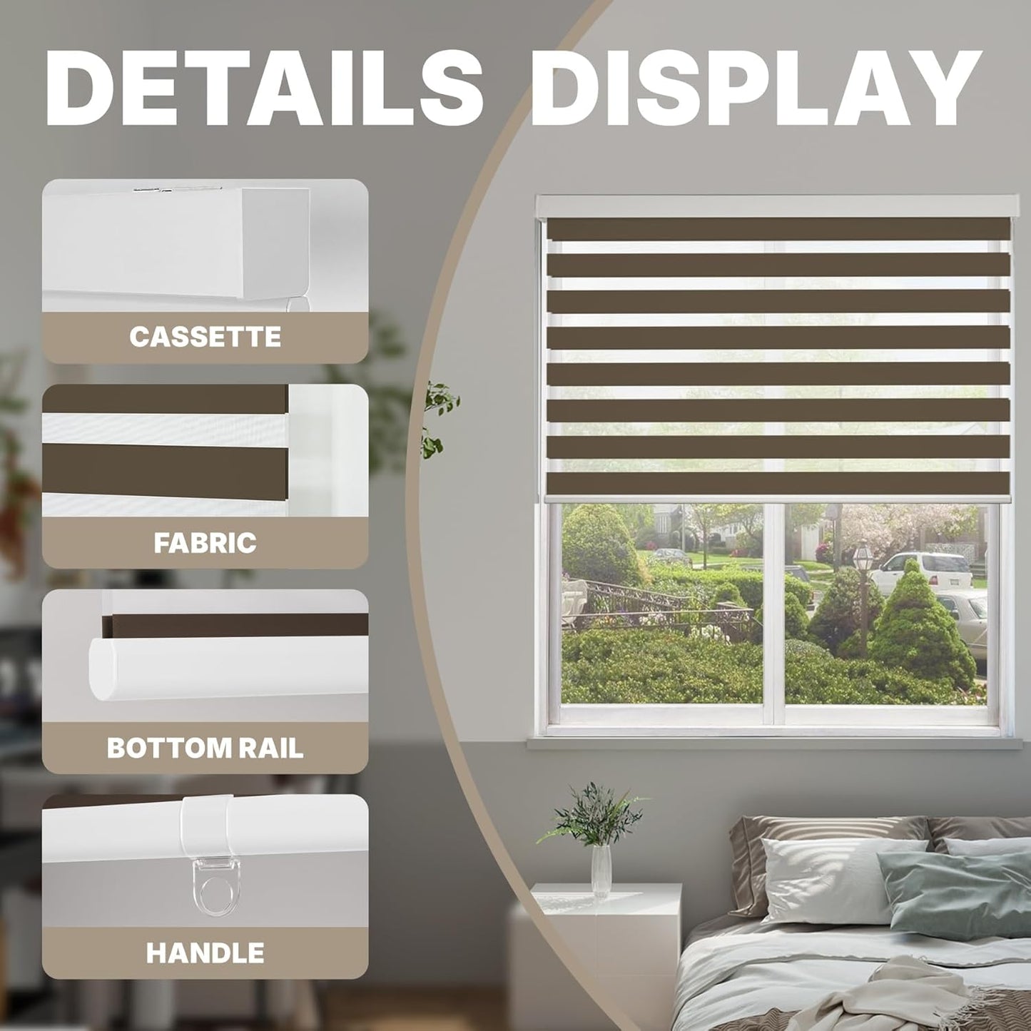 HESTIA Cordless Zebra Blinds Light Filtering Roller Shades UV Blocking Blackout Privacy Indoor Window Shades for Home Office Day and Night, Brown,27" W x 60" H