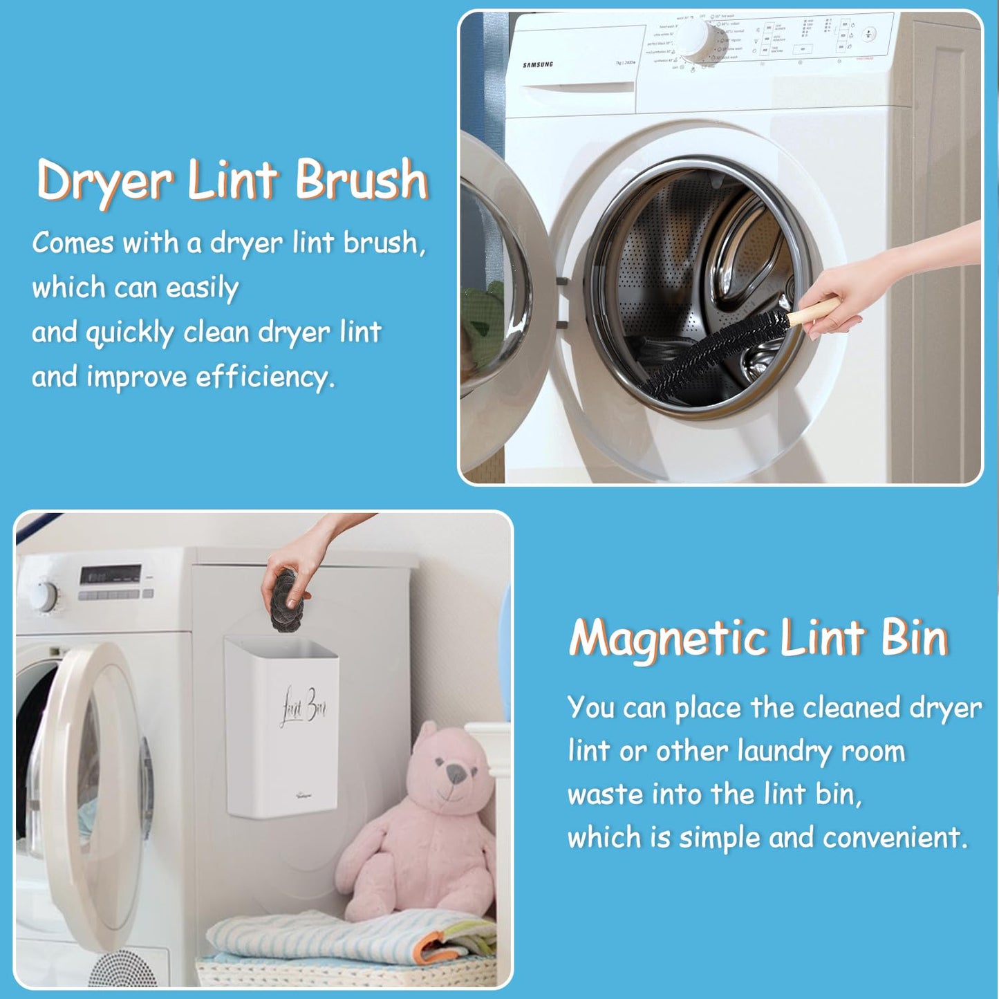 Sealegend Magnetic Lint Bin for Laundry Room with Dryer Lint Brush, Wall Mounted Trash Can Space-Saving Laundry Organization and Storage, White