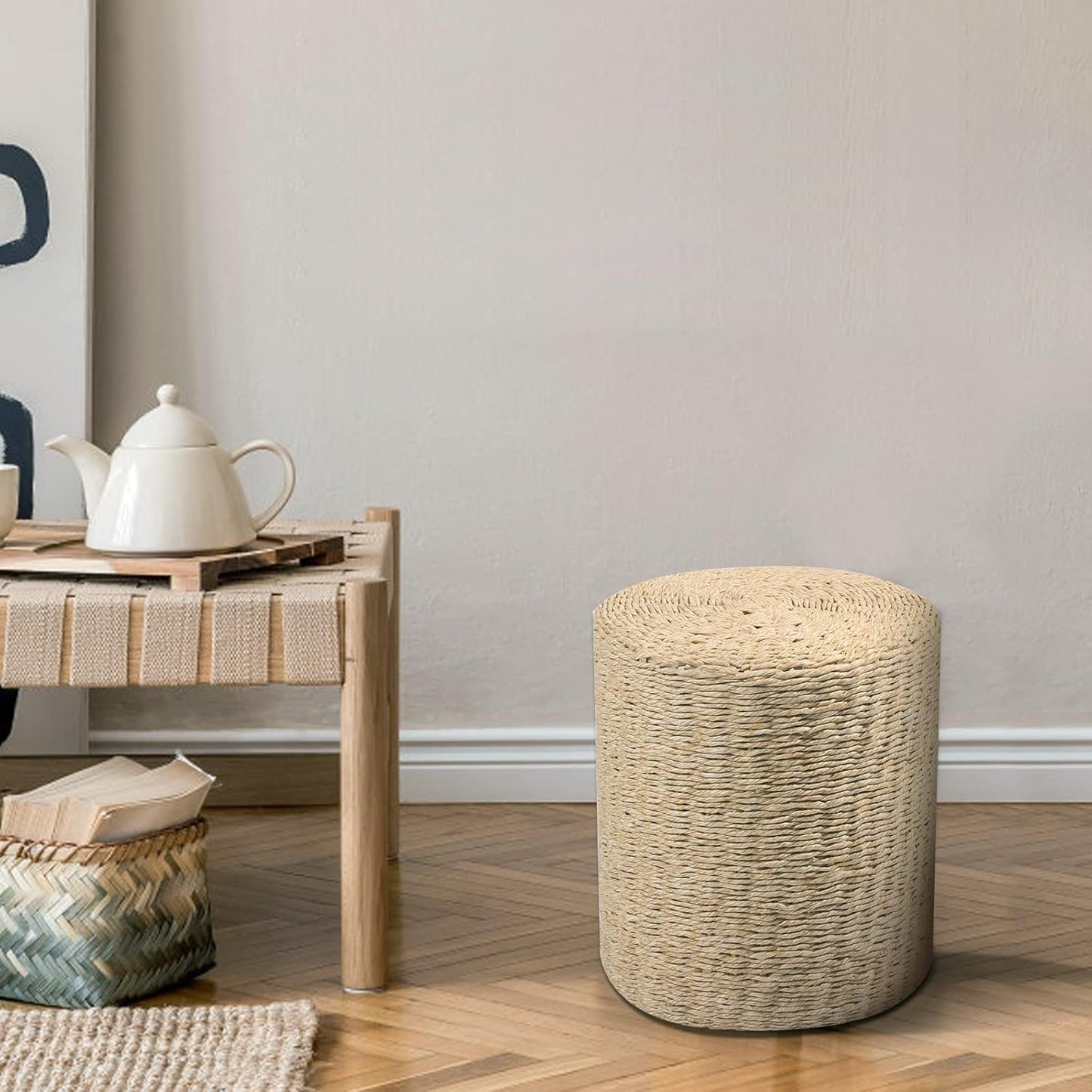 Cplxroc Pouf Ottoman, 100% Handwoven Seagrass Braided Pouffe, Boho Decor Floor Chair for Couch or Desk, Outdoor Ottomans for Garden, Round Footrest with Wood Frame, Home Decorative Seat for Balcony