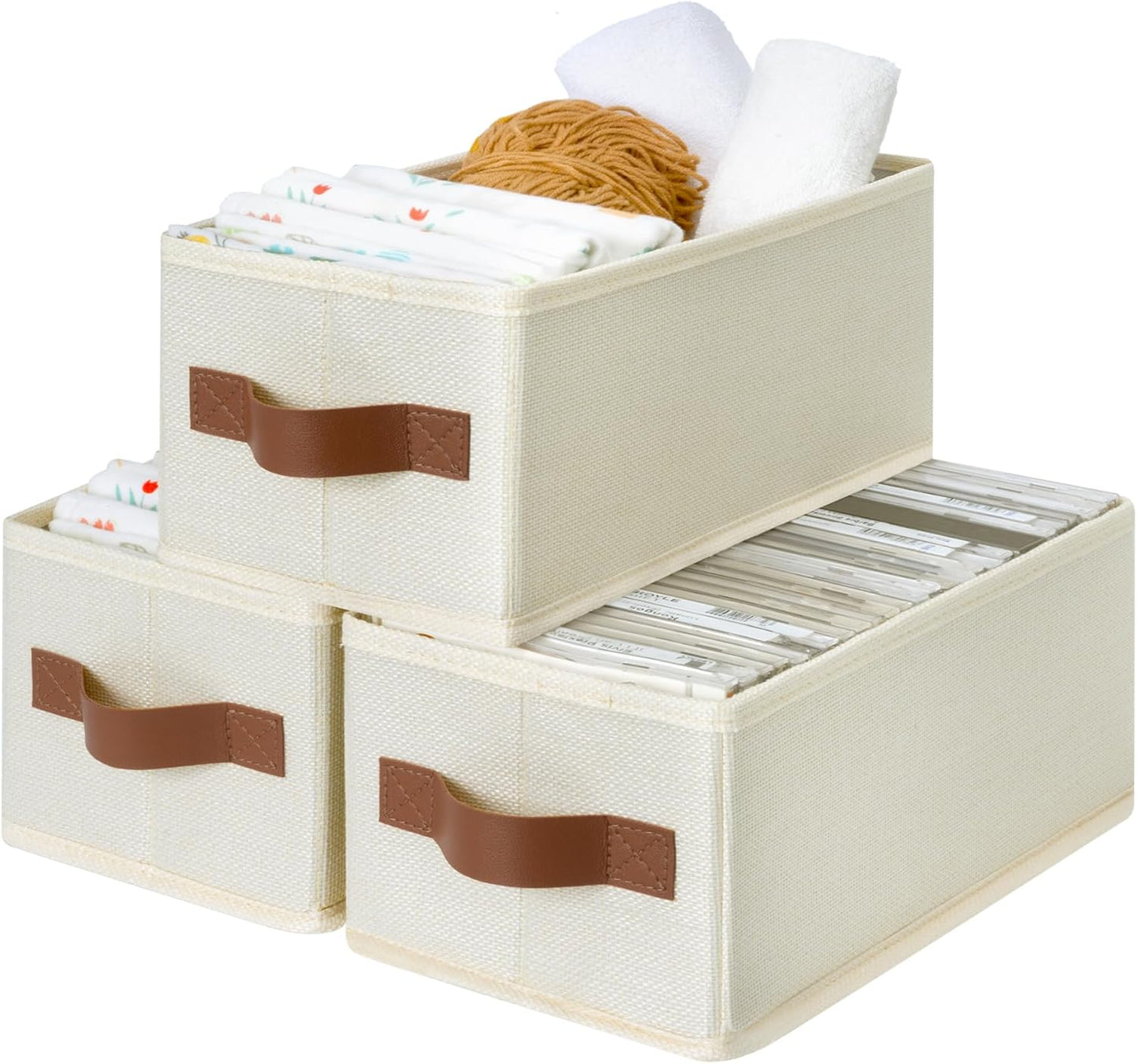 GRANNY SAYS Small Fabric Storage Bins, Storage Baskets for Shelves with PU Handles, Toilet Paper Storage, Mini Baskets for Organizing DVD, Photos, Clothes, Diaper, Sock, Cd, 3-Pack, Ivory