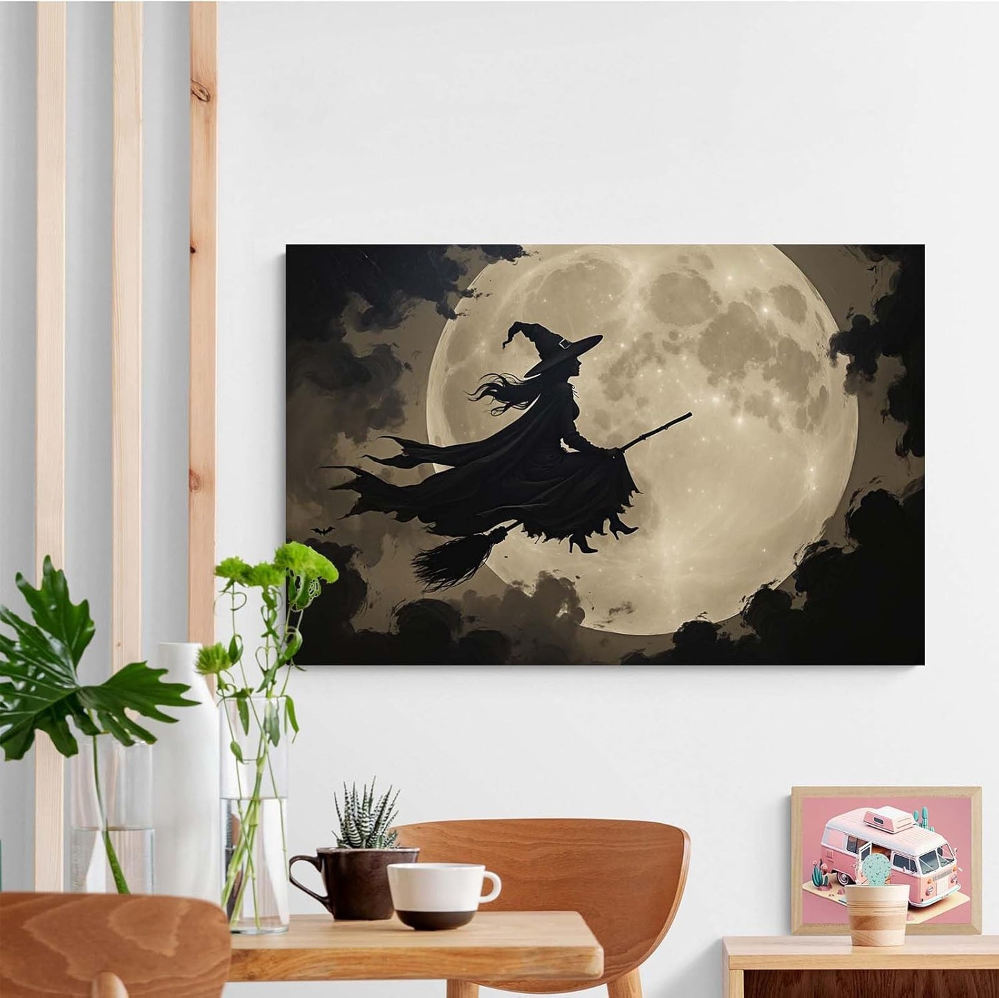 JFHCQJPK Full moon witch silhouette poster witch on magic broom Halloween mural poster decorative mural art suitable for home living room bedroom32x48in Frameless