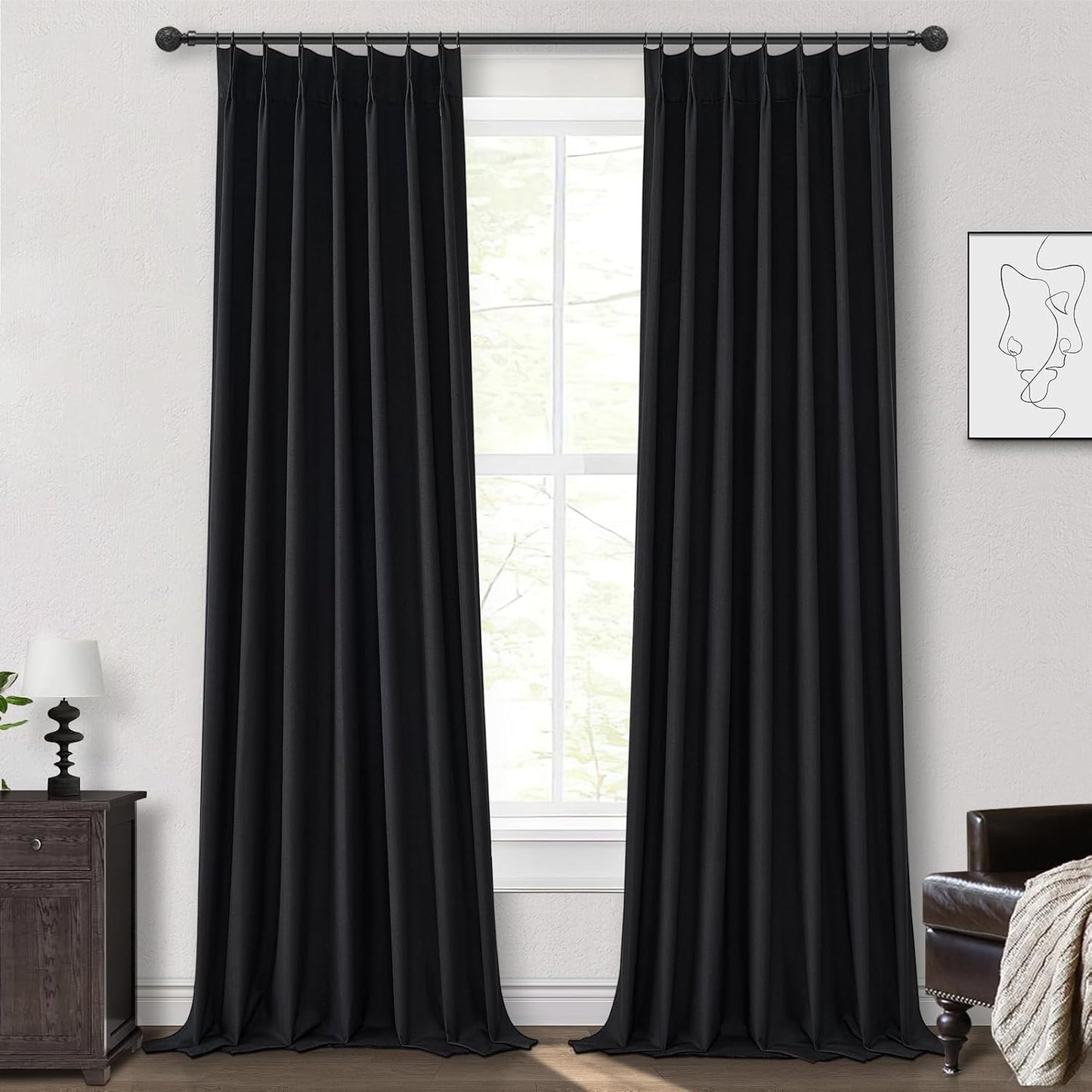 Long Black Pinch Pleat Linen Blackout Curtains 100 Inches Long for Bedroom, Modern Room Darkening Dining Room Large Windows Drapes with Hooks Thermal Heavy Curtains for Winter 40"Wx100"L 2 Panels