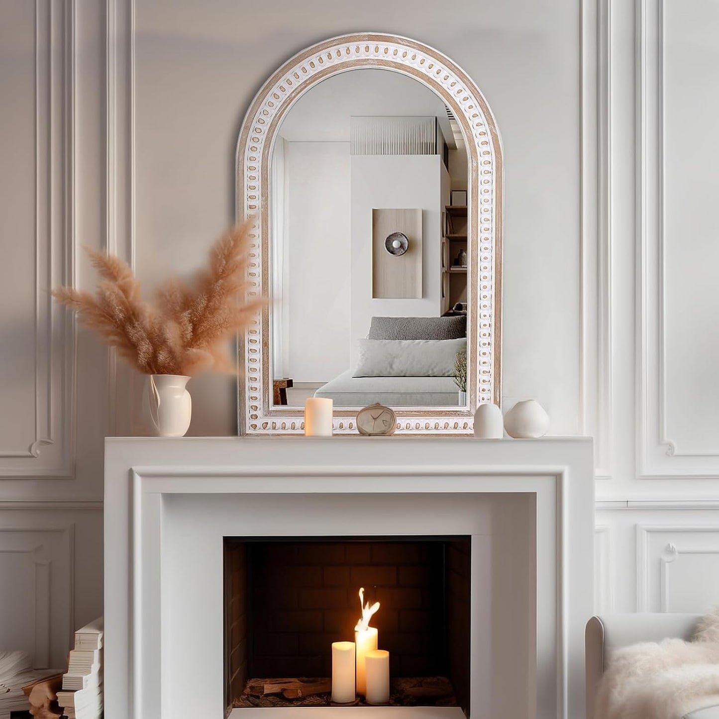 36x24 Inches Boho Wooden Arched Wall Mirror with Beaded, Rustic Farmhouse Decorative Arch Mirrors for Bathroom Vanity, Living Room, Entryway, or Foyer