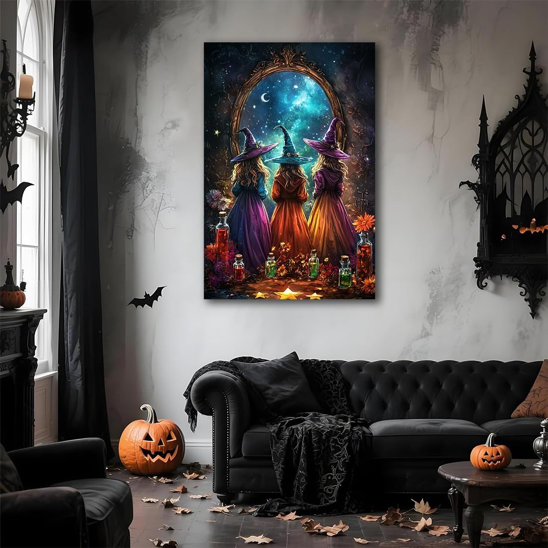 Witch Poster Halloween Fall Wall Art Decor,Three Witches with Magic Potion Mirror Colorful Vintage Print,Dark Academia Spooky Canvas Art Prints for Home Living Room,16"x24" Framed