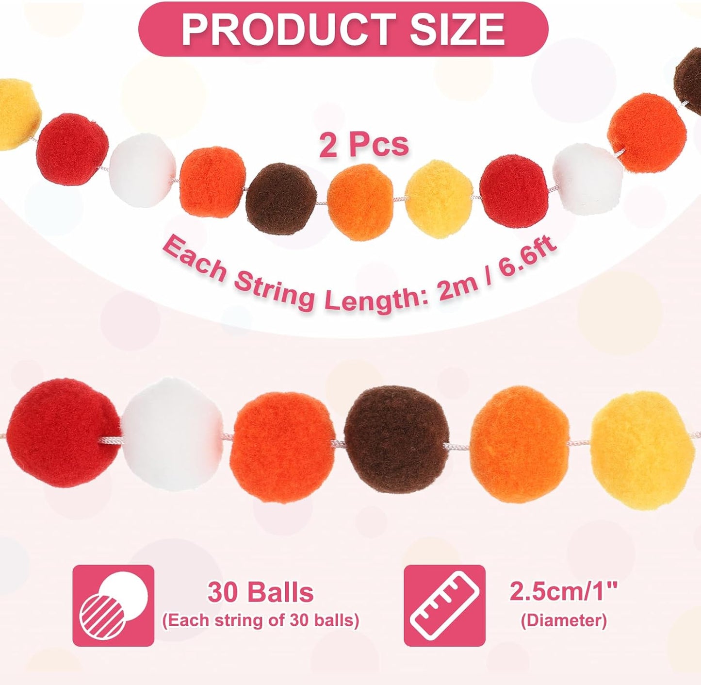 PATIKIL 13Ft Pom Pom Garland Decorations, 2Pcs Colorful Felt Ball Garland Banner Cute Rainbow Pompom Hanging Decorations for Tree Ornaments Decor, Yellow/Brown/Gold Tone/White/Orange/Red