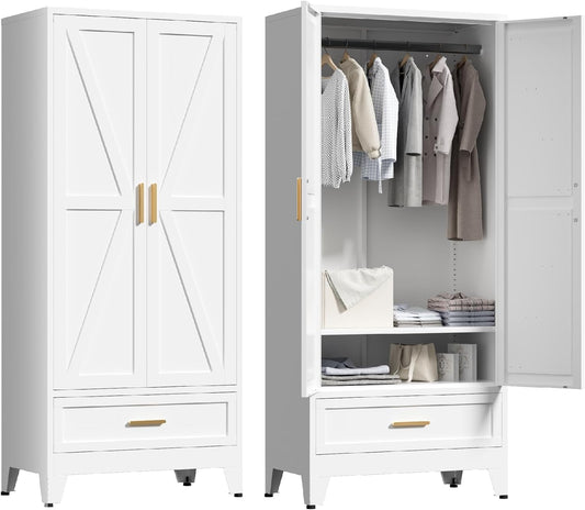 71'' Farmhouse Metal Wardrobe Cabinet with Hanging Rod, 2 Barn Door Wardrobe Closet with Adjustable Shelves,Drawer,for Dining Room,Bedroom,Living Room, Cloak Room,Office (White)