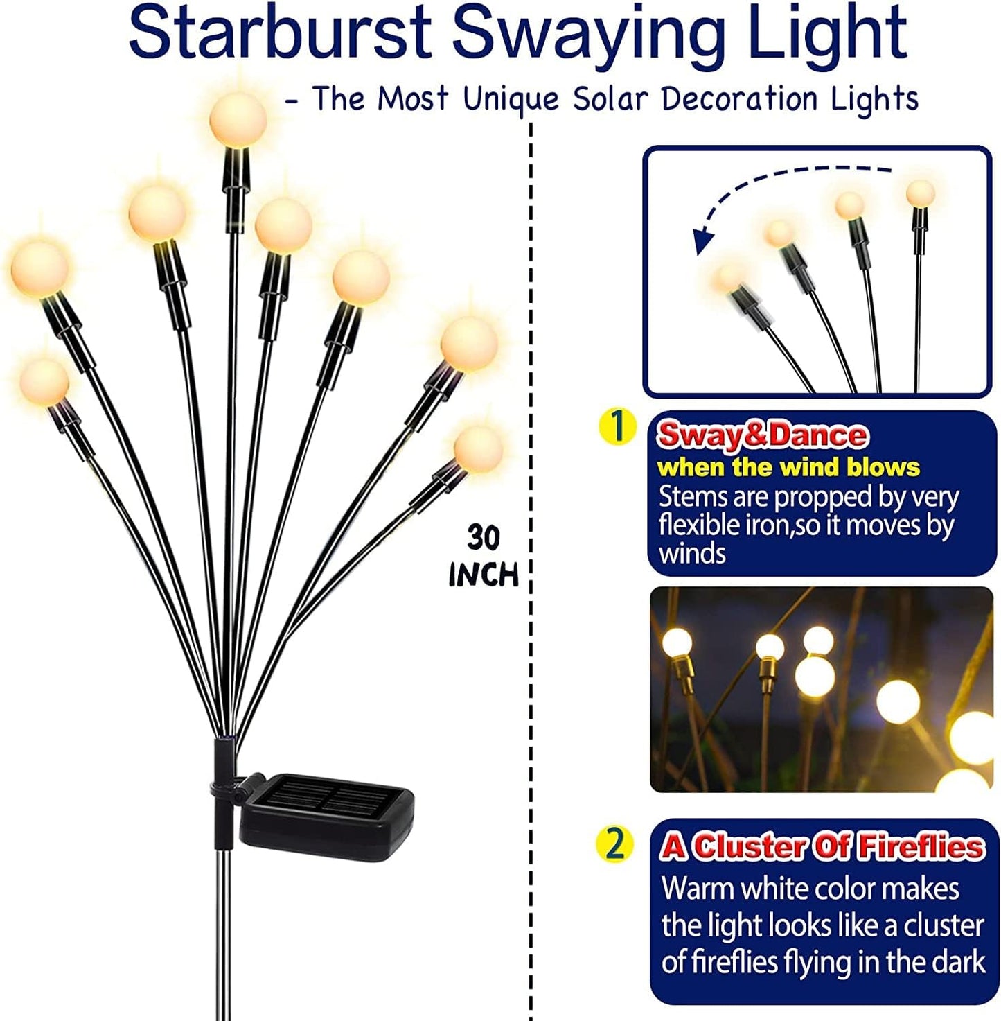 TONULAX Solar Garden Lights - Upgraded Solar Swaying Light, Sway by Wind, Outdoor Lights, Yard Patio Pathway Decoration, High Flexibility Iron Wire & Heavy Bulb Base, Warm White(6 Pack)