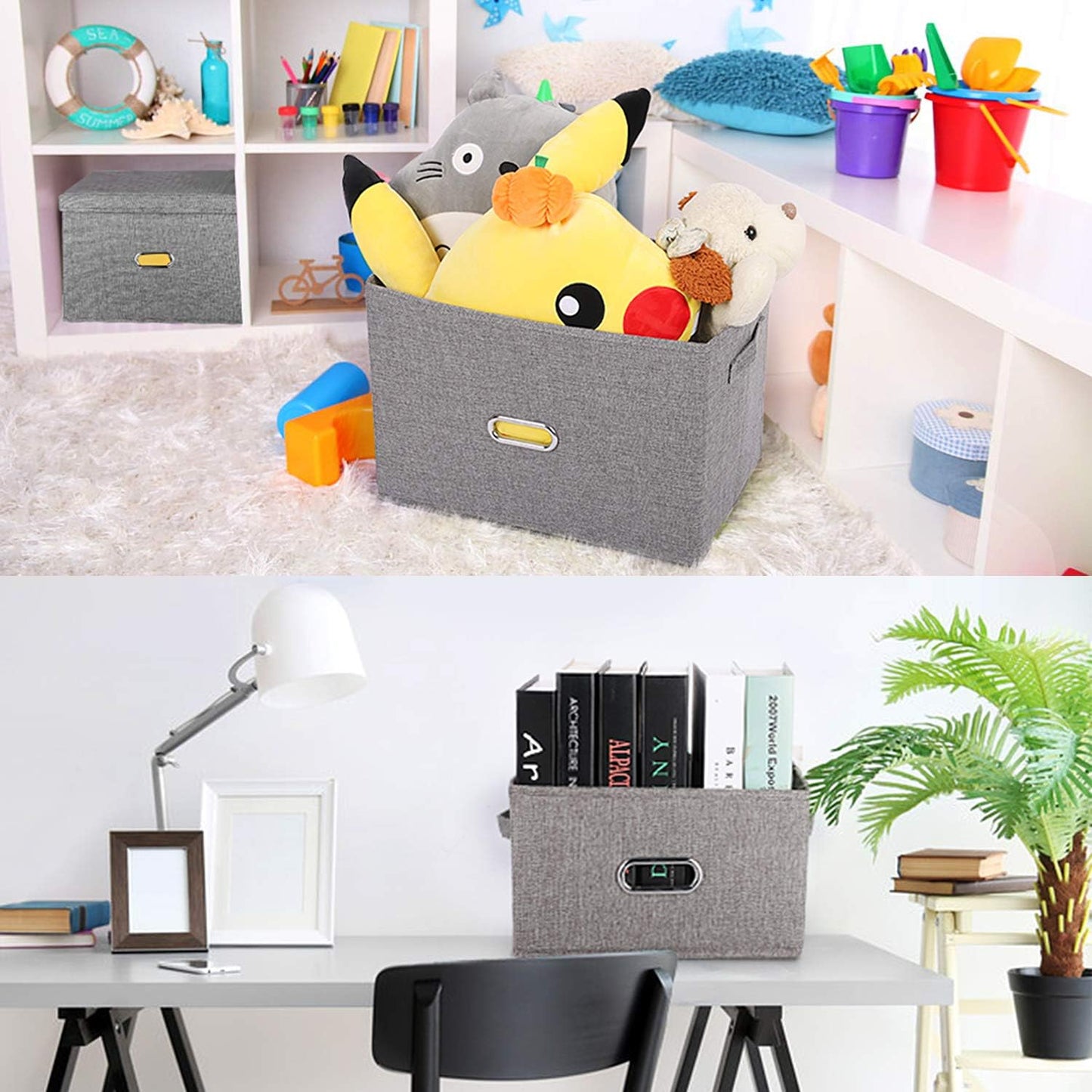 Large Linen Fabric Foldable Storage Bins with Removable Lid and Handles, Washable Storage Box Organizer Containers Baskets Cube with Cover for Bedroom,Closet,Office (Coffee, Medium(2-Pack))