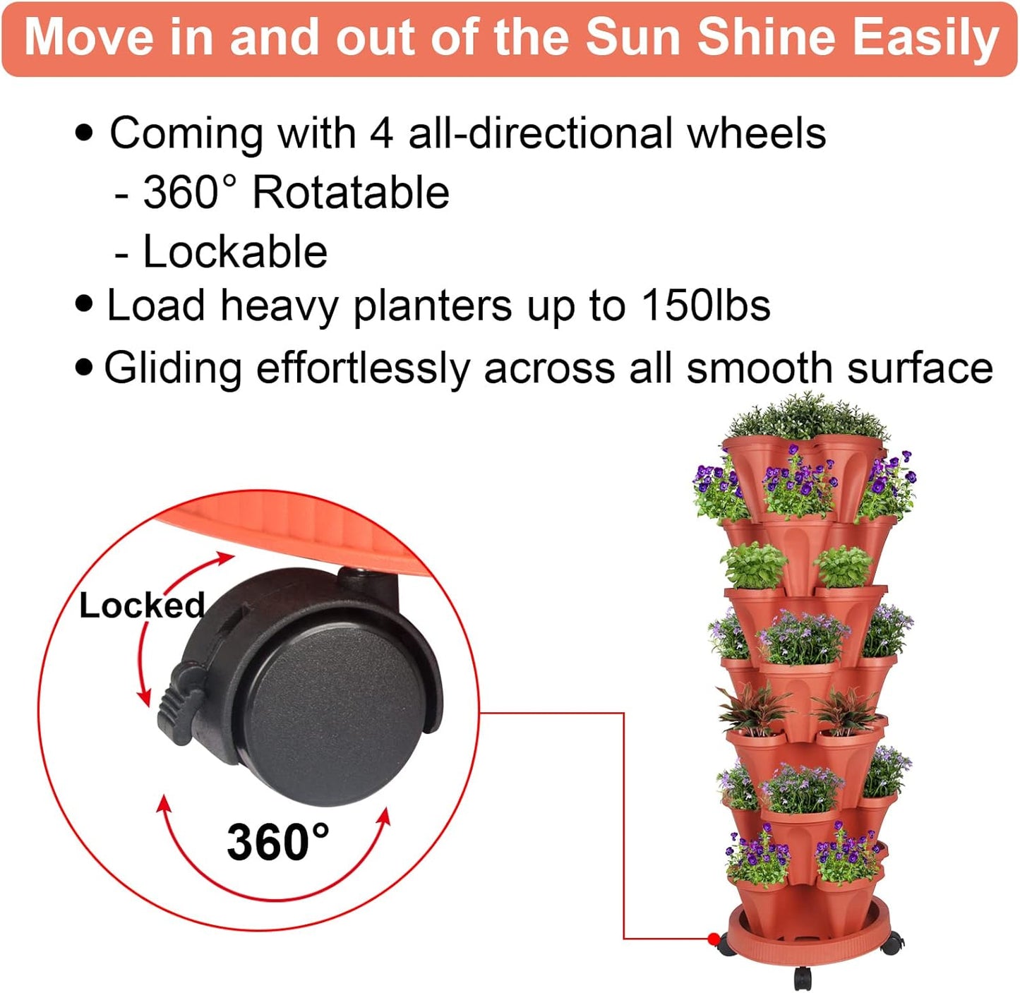 Vertical Planter 7 Tier Stackable Planters Garden Planters Strawberry Herb Flower and Vegetable Planter Indoor Outdoor Gardening Pots with Removable Wheels and Tools