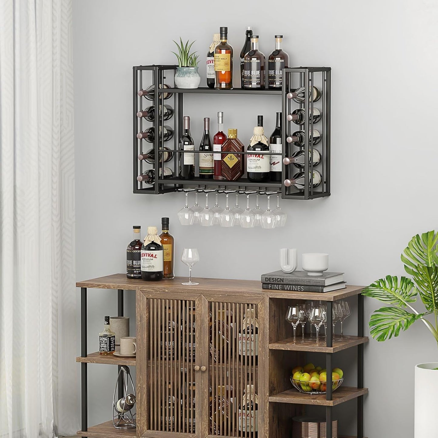 Wall Mounted Wine Rack, Wine Rack Wall Mounted with Wine Glass Rack, 2-Tier Multi-Functional Shelf for Home Restaurant Bar Storage Rack,Black (40”W x 9.8”D x 21.65”H)