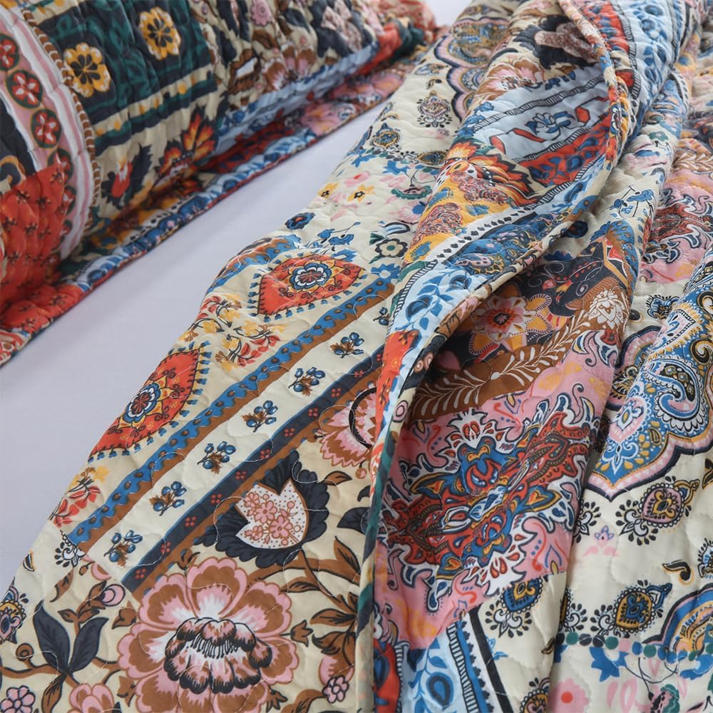 Autumn Dream Cotton Bedspread Quilt Sets, 3 Pieces Reversible Comforter Coverlet Sets, Vintage Gorgeous Bohemian,King Size