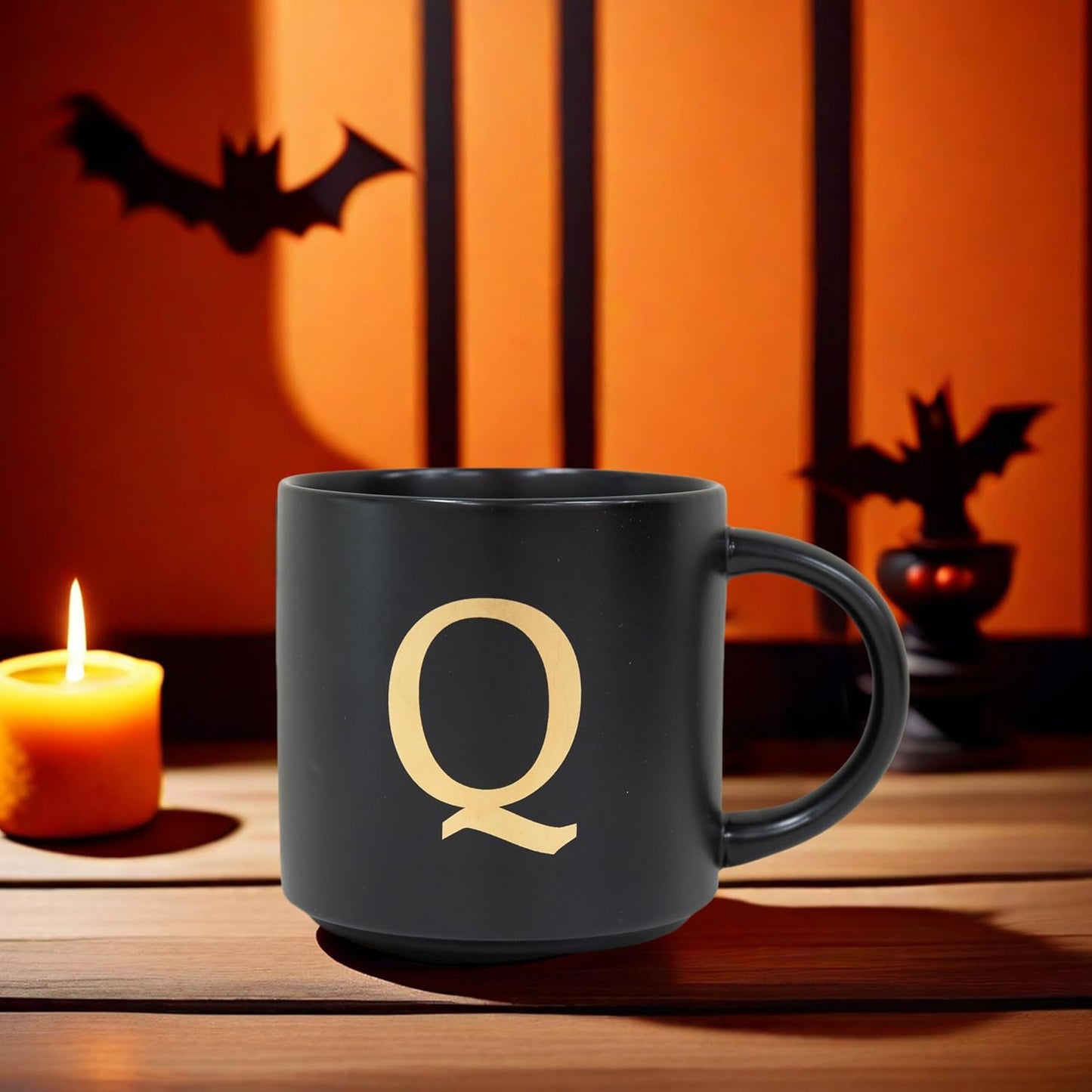 COLLECTIVE HOME - Monogram Ceramic Mugs, 15 oz Golden Initial Black Coffee Cups, Elegant Alphabet Tea Mugs, Elegant Personalized Mug with Gift Box, Unique Mug with Double Side Capital Lette (Q)