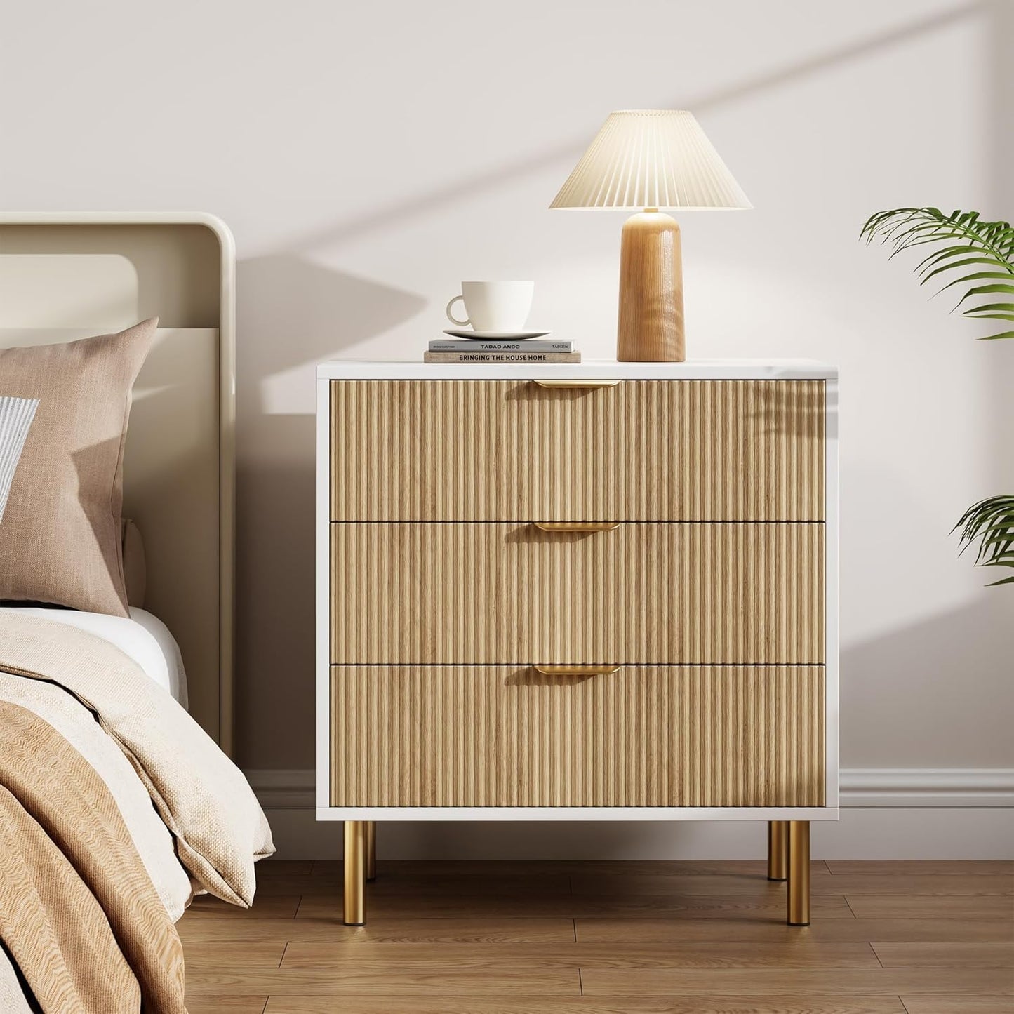GAOMON 3 Drawer Dresser, Wood Chest of Drawers Organizer Storage with Gold Handle, Small Storage Cabinet, Modern Design Dresser for Bedroom, Living Room, Closet, Hallway, Entryway, Natural
