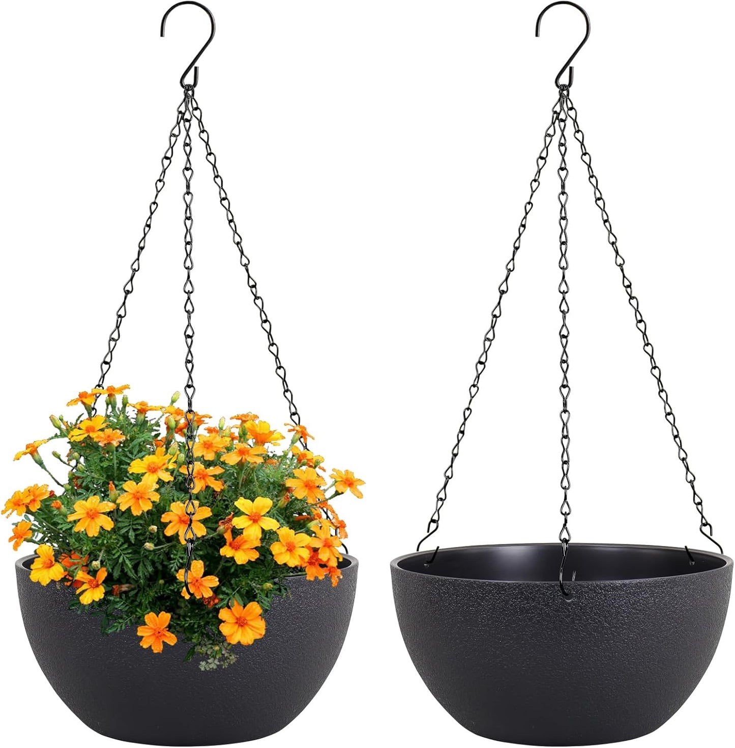 10 inch Hanging Planters for Indoor Outdoor Plants, 2 Pack Hanging Flower Pots with Drainage Holes and Chain for Garden Porch Plants, Round Plastic Hanging Baskets for House Plants, Black