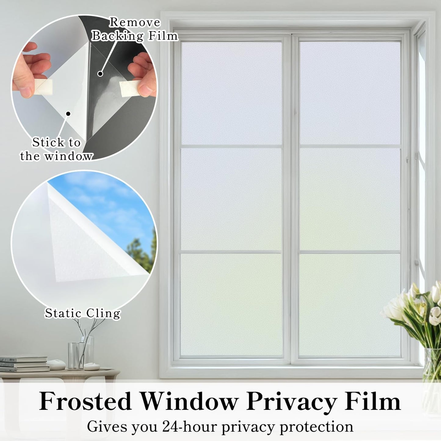 DUOFIRE Privacy Window Film Frosted Glass Film Matte White Static Cling Glass Film No Glue Anti-UV Window Sticker Non Adhesive for Privacy Office Meeting Room Bathroom Living Room DS001W 23.6x78.7in