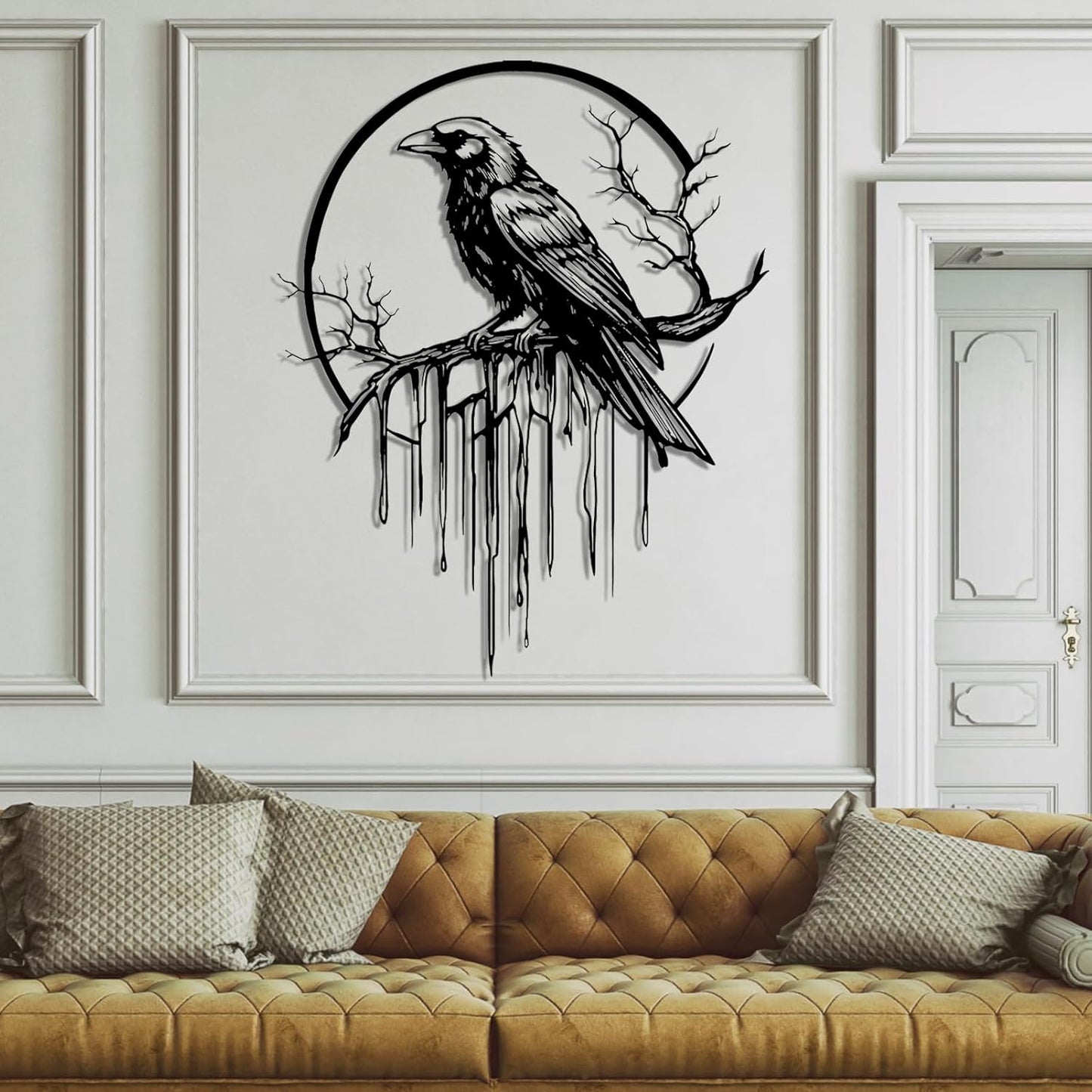 Crow Metal Wall Decor, Raven Wall Art, Large Gothic Raven Decor Hangings, Bird Wall Decor, Metal Tree Branch Decor, Ravens Sign, Raven Art for Living Room (White, 28"x22" |70x56cm, metal wall art)