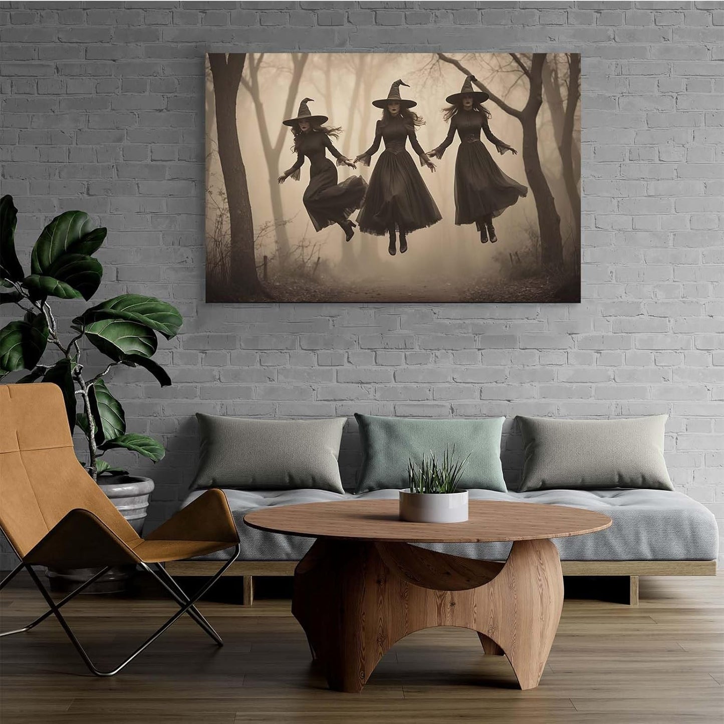JFHCQJPK Three ghost witches flying in vintage forest gothic wall art witchcraft decoration holiday gift canvas wall art print8x12in Frameless