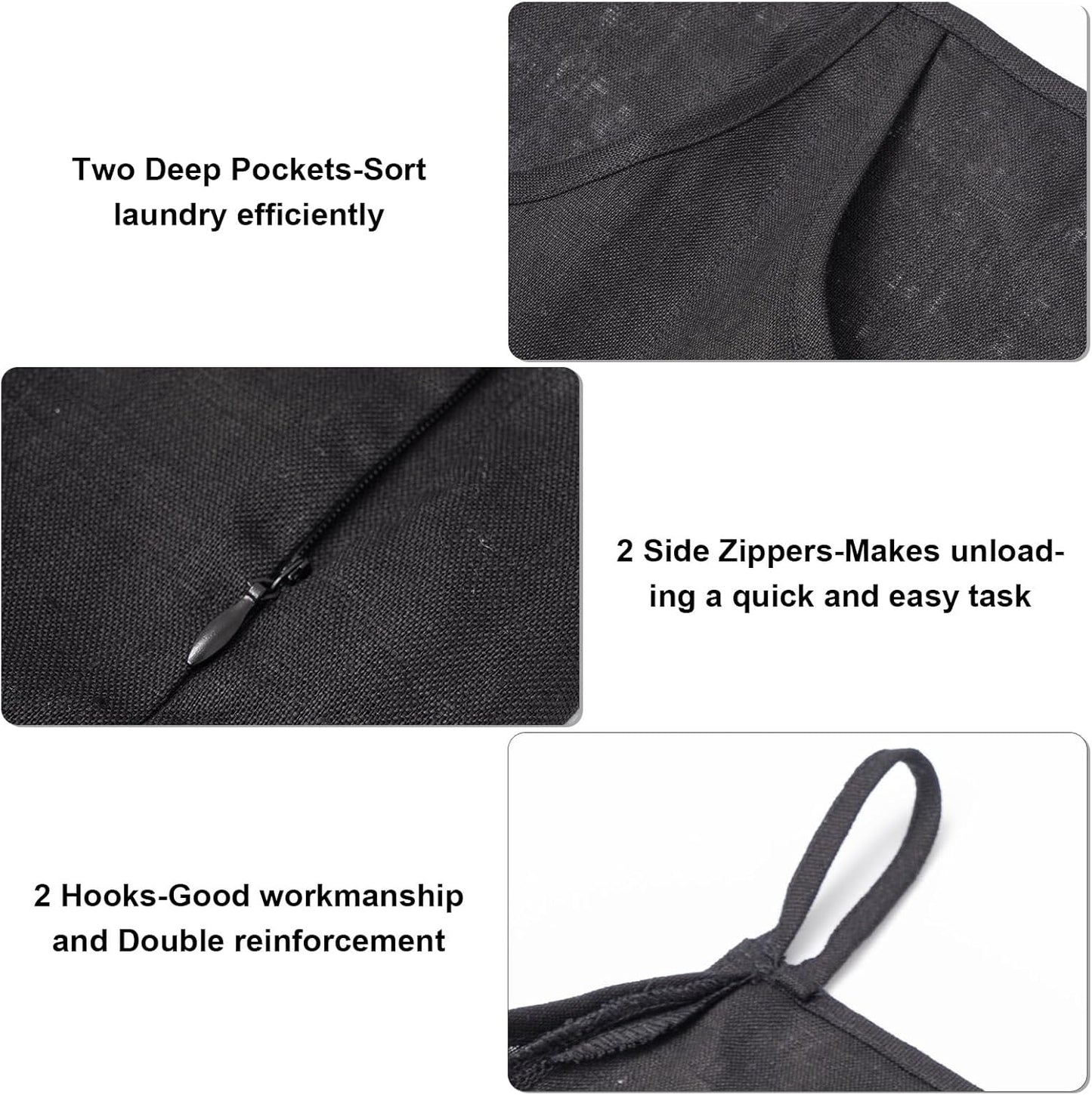 100% Pure Linen Dual Hanging Laundry Bag with 2 Deep Pocket and 2 Side Zipper 20x27in, Over The Door Laundry Hamper Space Saving Hampers for Dirty Clothes Home Travel, Black