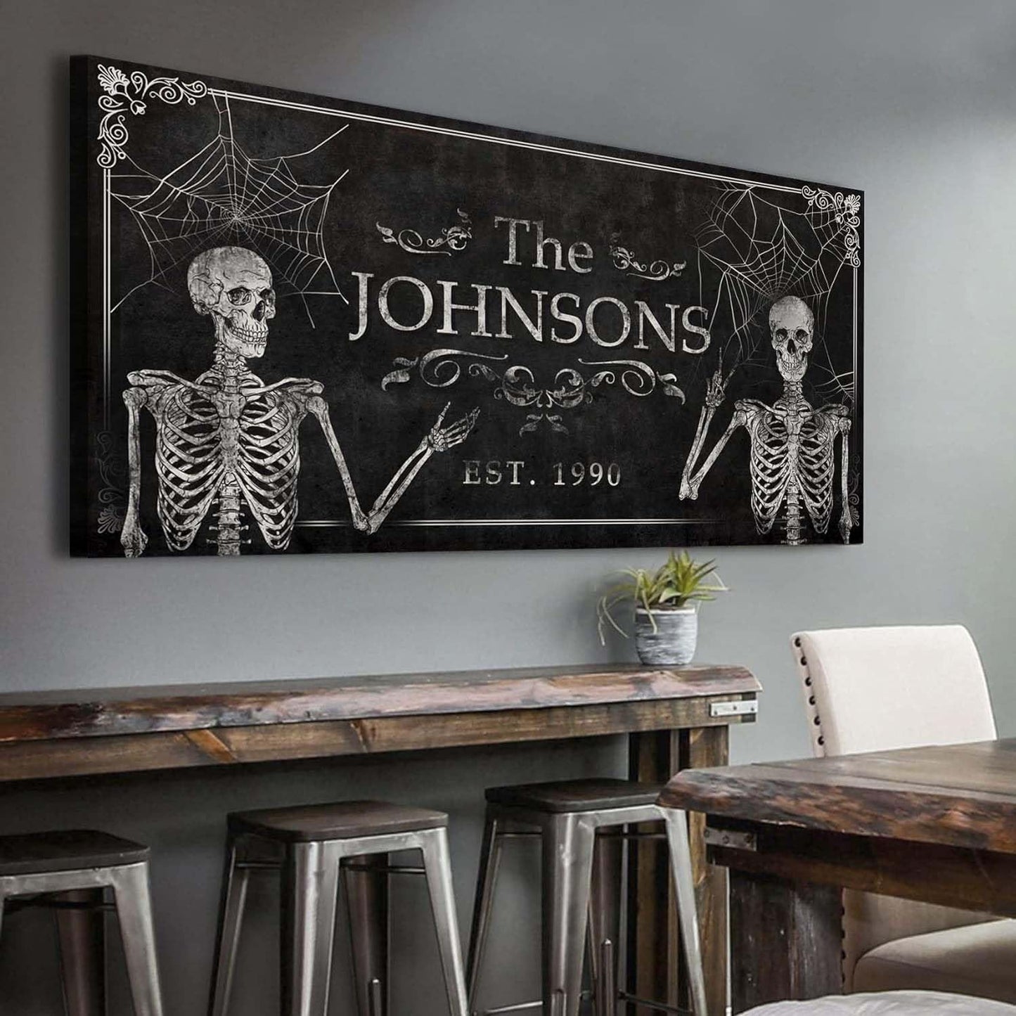Tailored Canvases Gothic Family Wall Decor - Personalized Grunge Vintage Skeleton Room Decor for Home, Halloween Lovers, Men & Women for Bedroom, Living Room - Custom Couple Name, White Print, 60"x30"