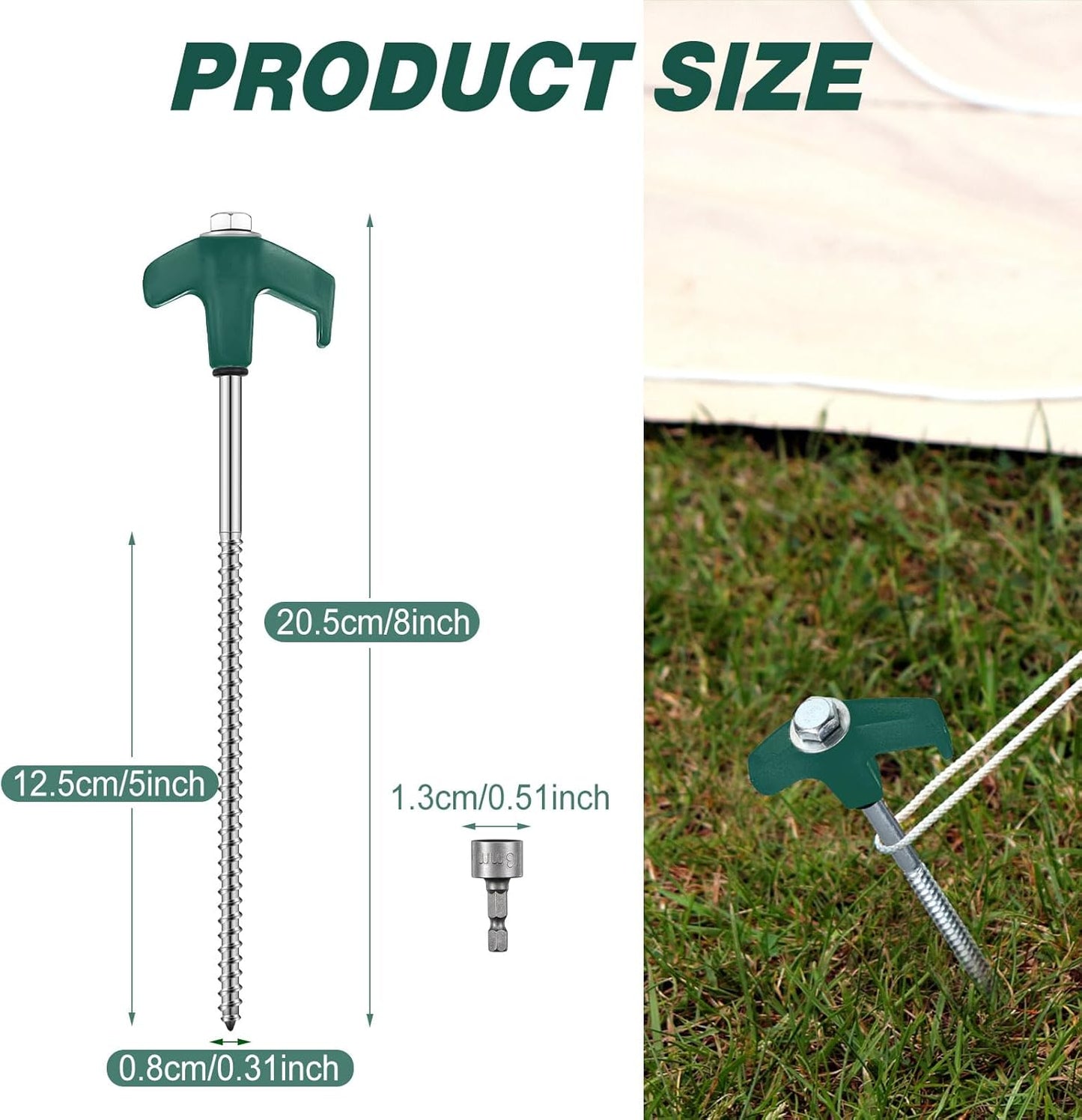 Hicarer 10 Pcs 20 Pcs 8'' Screw in Tent Stakes Heavy Duty Ground Metal Stakes for Inflatables with Hex Head Driver for Outdoor Camping Tent Inflatable Garden Decor (Dark Green)