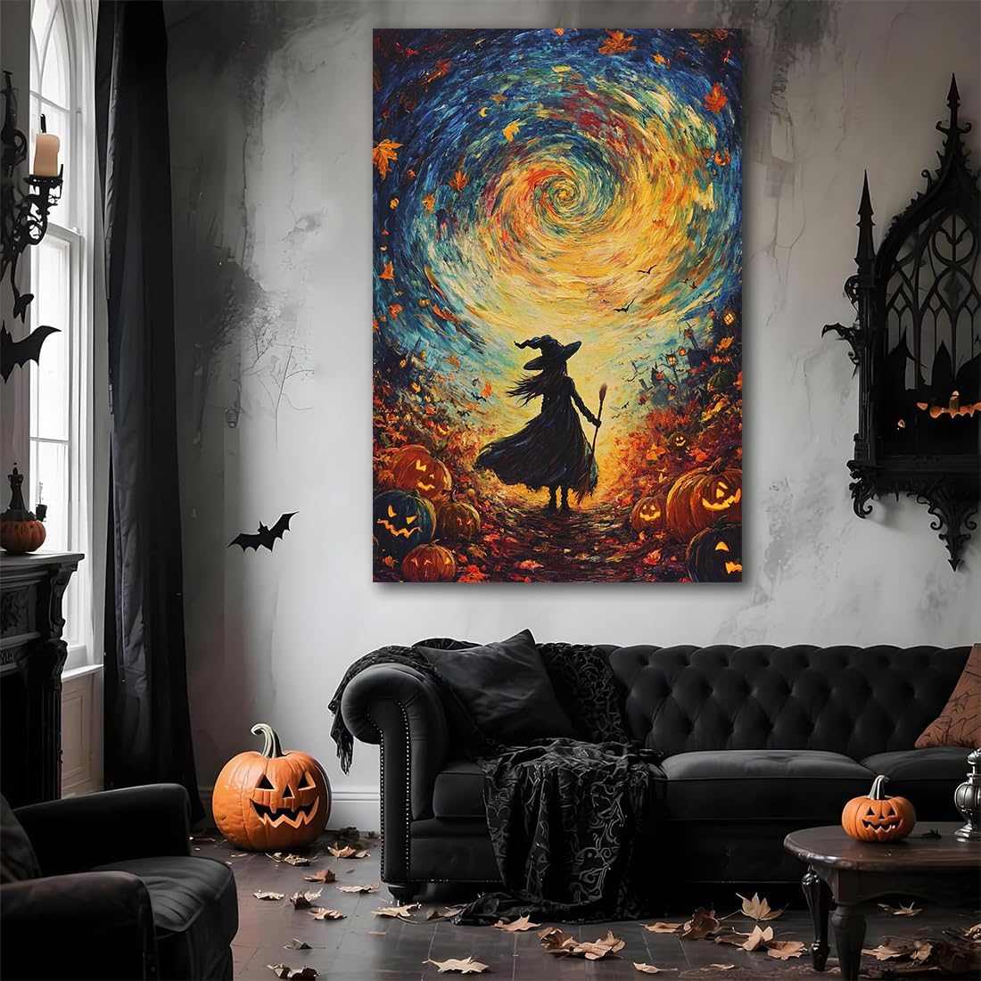 Halloween Autumn Witchy Decor Wall Art Prints,Gothic Witch in Whirlwind Autumn with Pumpkins Scene Pictures Poster,Fall Festival Home Decor Painting Canvas Poster for Bedroom Bathroom,24"x36" Framed