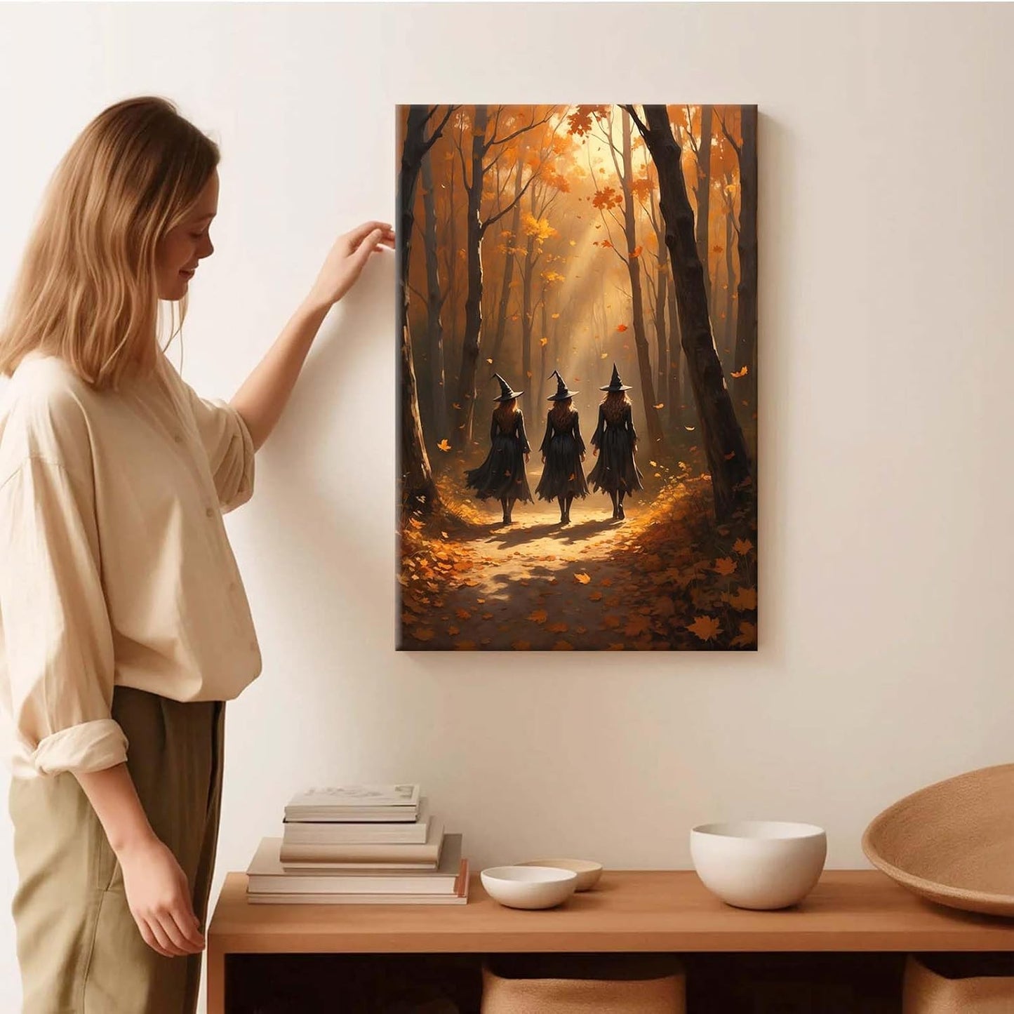 Three witches walking in the forest in autumn canvas painting gothic poster halloween print country witch wall art for home decoration28x40in Wood Framed