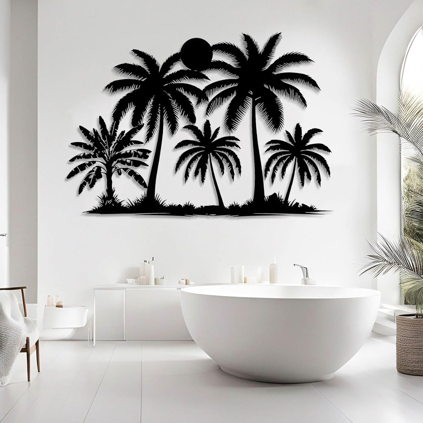 Tuglona Metal Palm Tree with Sunset Wall Decor, Tropical Palm Tree Metal Wall Art, Tropical Wall Decor, Sun Wall Art, Beach Wall Decoration, Coastal Trees Wall Hanging (Silver, 24"x16"/60x42cm)