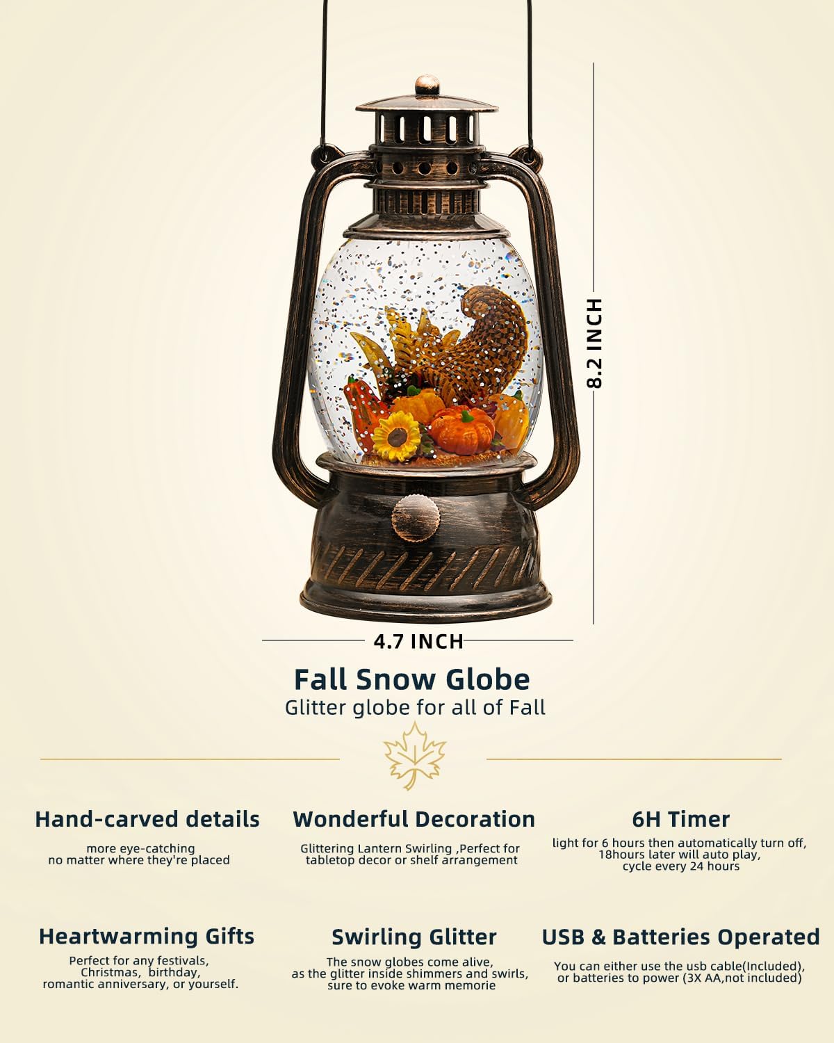 Fall Decorations for Home - Vintage Fall Snow Globe Lantern with 6H Timer,Pumpkin Sunflowers Scene Snow Globes USB or Battery Powered,Fall Decor for Fall Harvest Thanksgiving Autumn