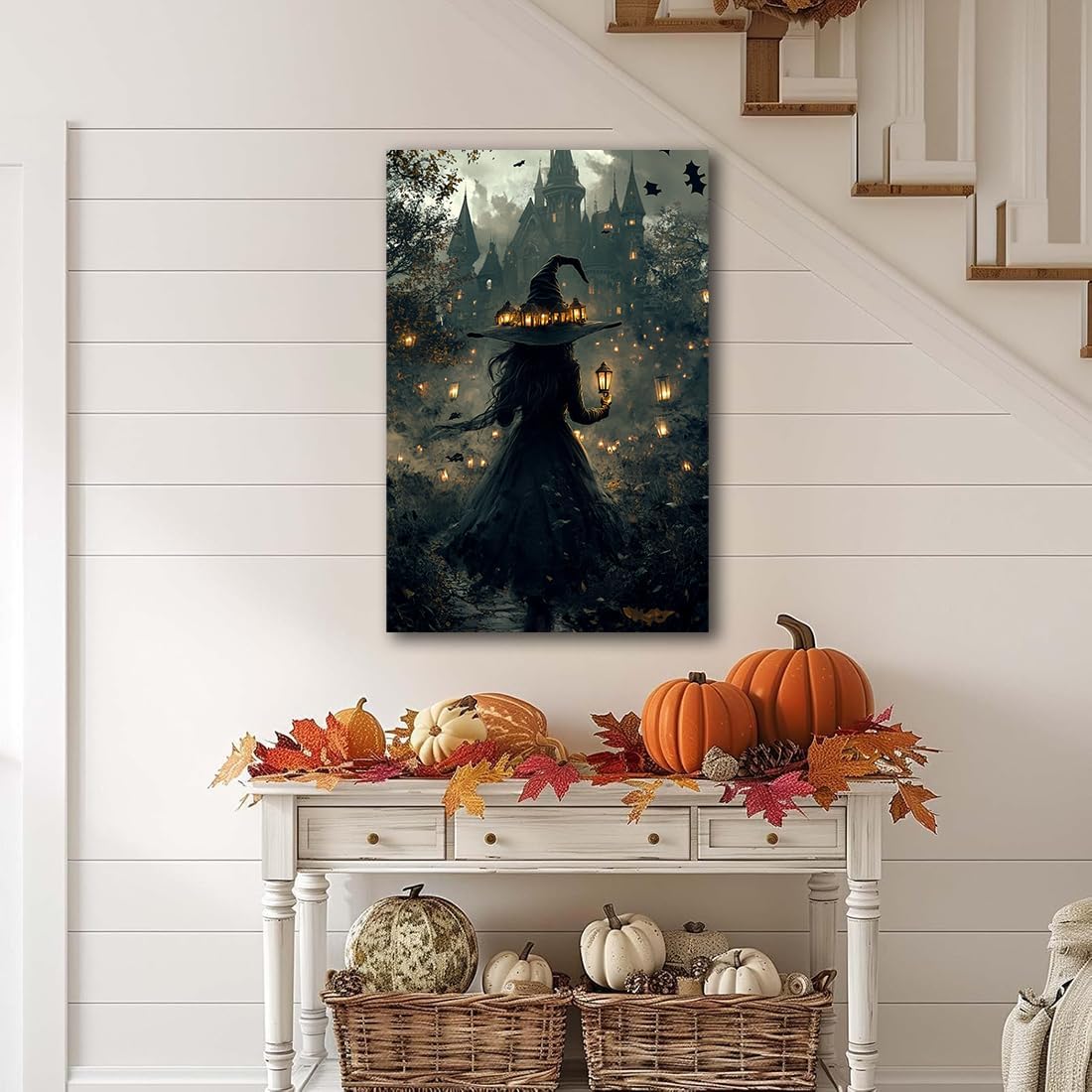 Halloween Witch and Haunted House Canvas Wall Art,Dark Academia Scary Witch Castle Posters Prints,Thriller Horror Gothic Wall Decor Pictures for Halloween Party House Decoration,8"x12" Framed