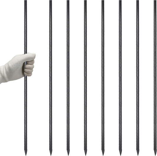 VVOKGO RebarStakes 36 Inch Ground Rebar Stakes (8 pcs), Heavy Duty Hook Ground Anchors, Steel Plant Support Garden Stake with Chisel Point end Black Plastic Spraying for Anti-Rust