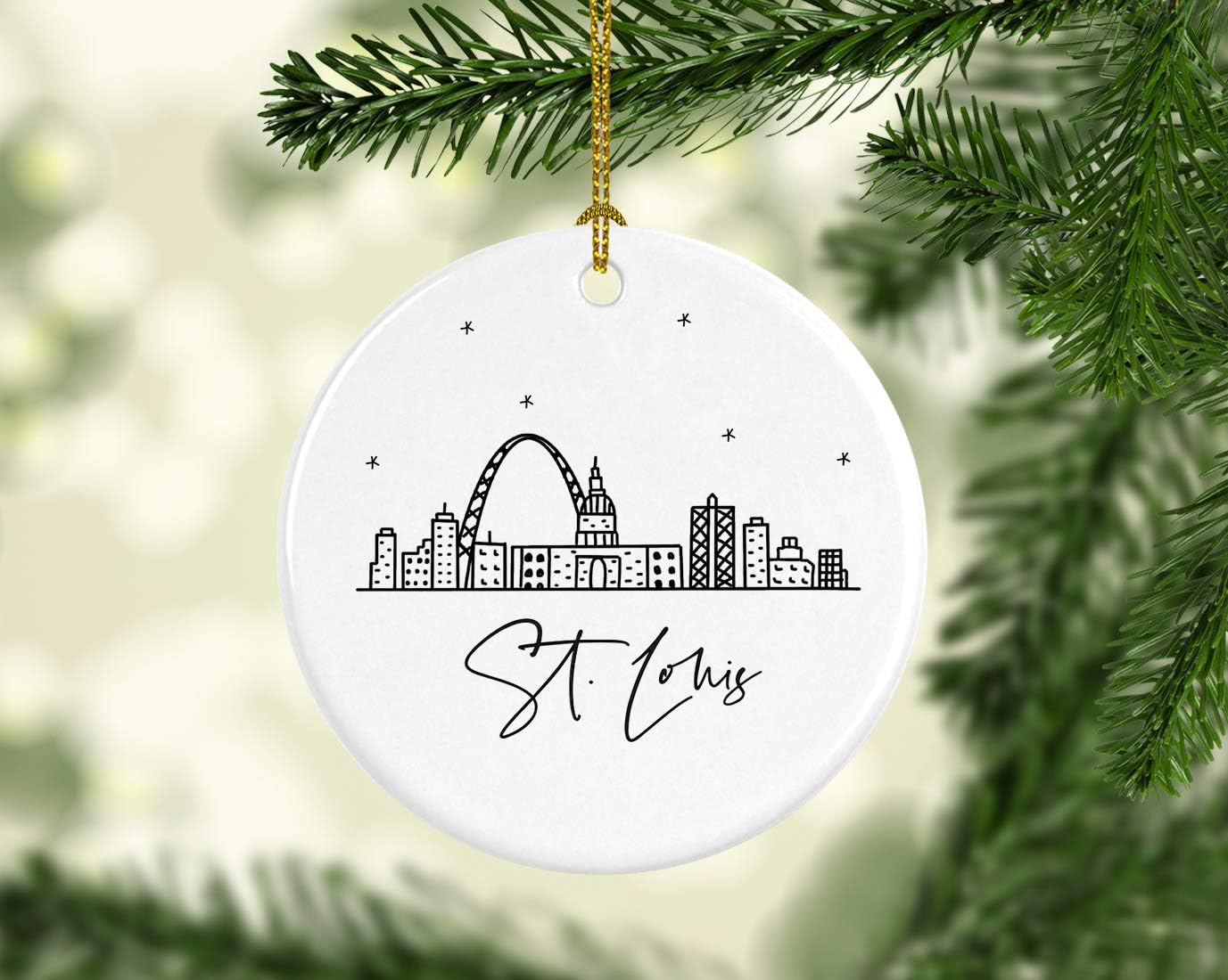 Andaz Press Round Ceramic Porcelain Christmas Tree Ornament, St. Louis, Black and White Stars City Skyline, 1-Pack, Birthday Ideas Coworker, Includes Box St Louis Ornament St Louis Christmas Ornament