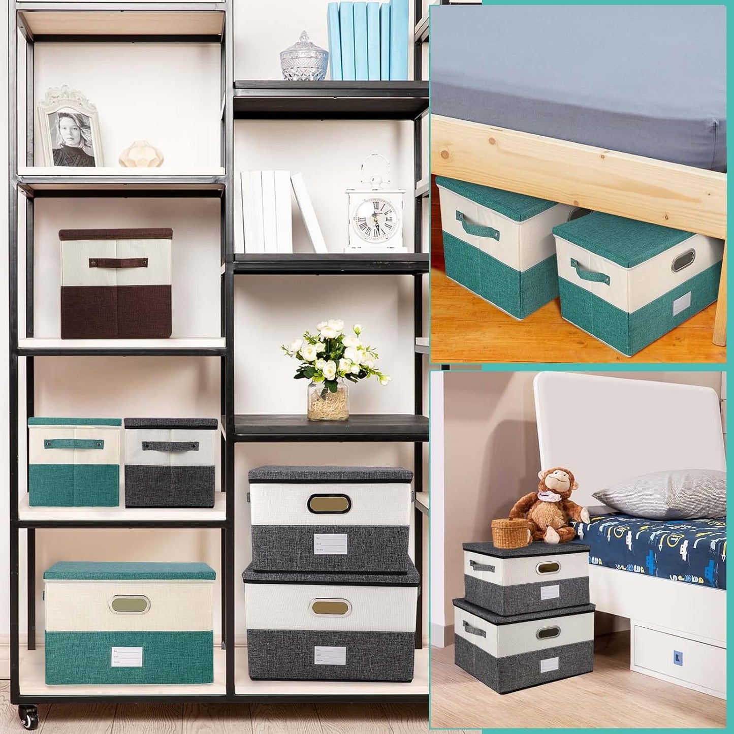 Large Linen Fabric Foldable Storage Bins with Removable Lid and Handles, Washable Storage Box Organizer Containers Baskets Cube with Cover for Bedroom,Closet,Office(Coffee&Cream, Large)