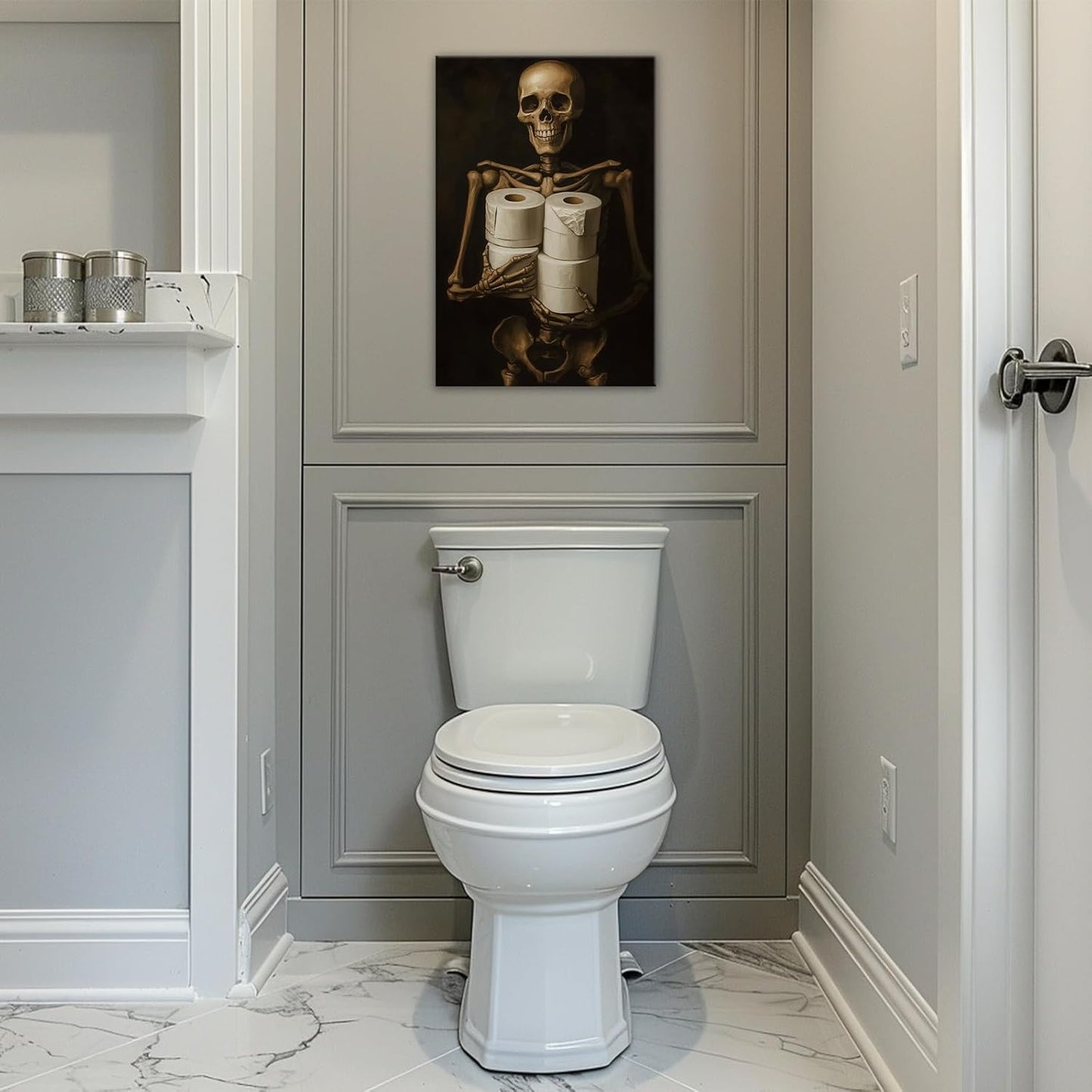 Gothic Skull Wall Art Funny Skeleton with Toilet Paper Canvas Print Vintage Skull Painting Framed Artwork for Living Room Home Halloween Wall Decor(Artwork-8,20"x30")