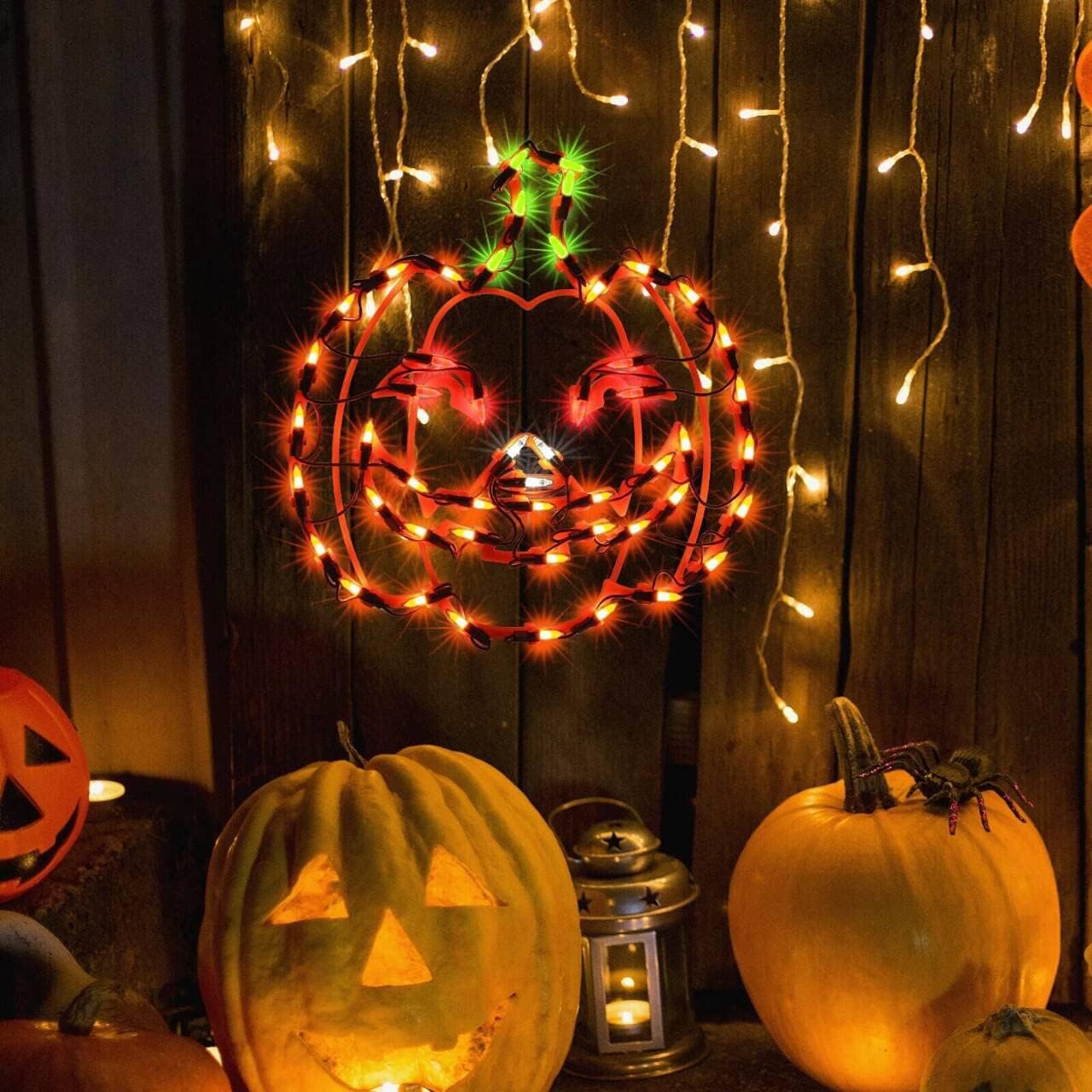 13.3" Lighted Jack-O-Lantern Halloween Window Silhouette Decoration,Halloween Lighted Window Decoration,Hanging Light Up Holiday Ornament( Pumpkin Light)