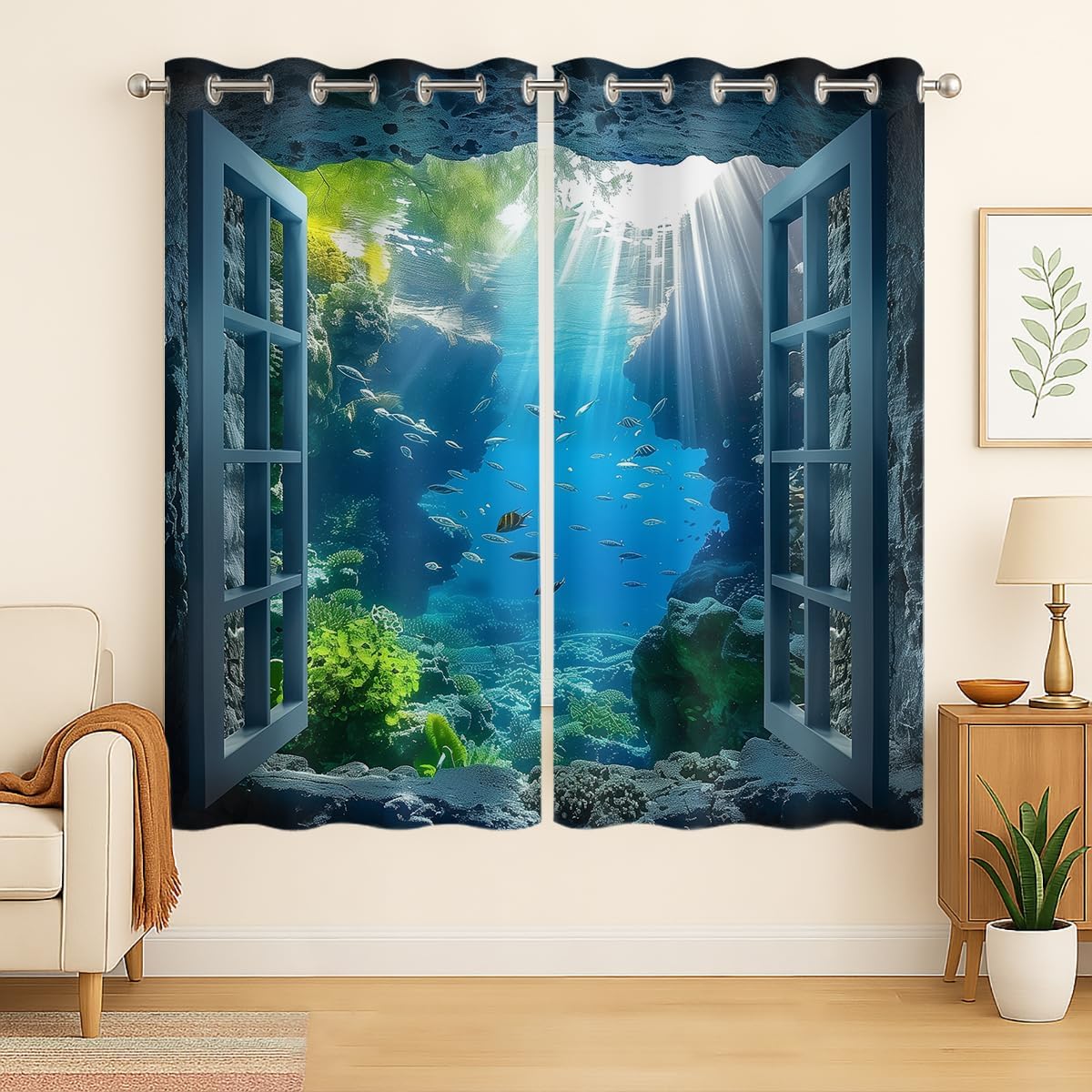 Ocean Fishs Blackout Curtains for Girls Boys Home Decor, Underwater Tropical Fish Undersea Coral Grommet Thermal Insulated Drapes Darkening Window Curtain for Bedroom Living Room, 63 x 63 Inch