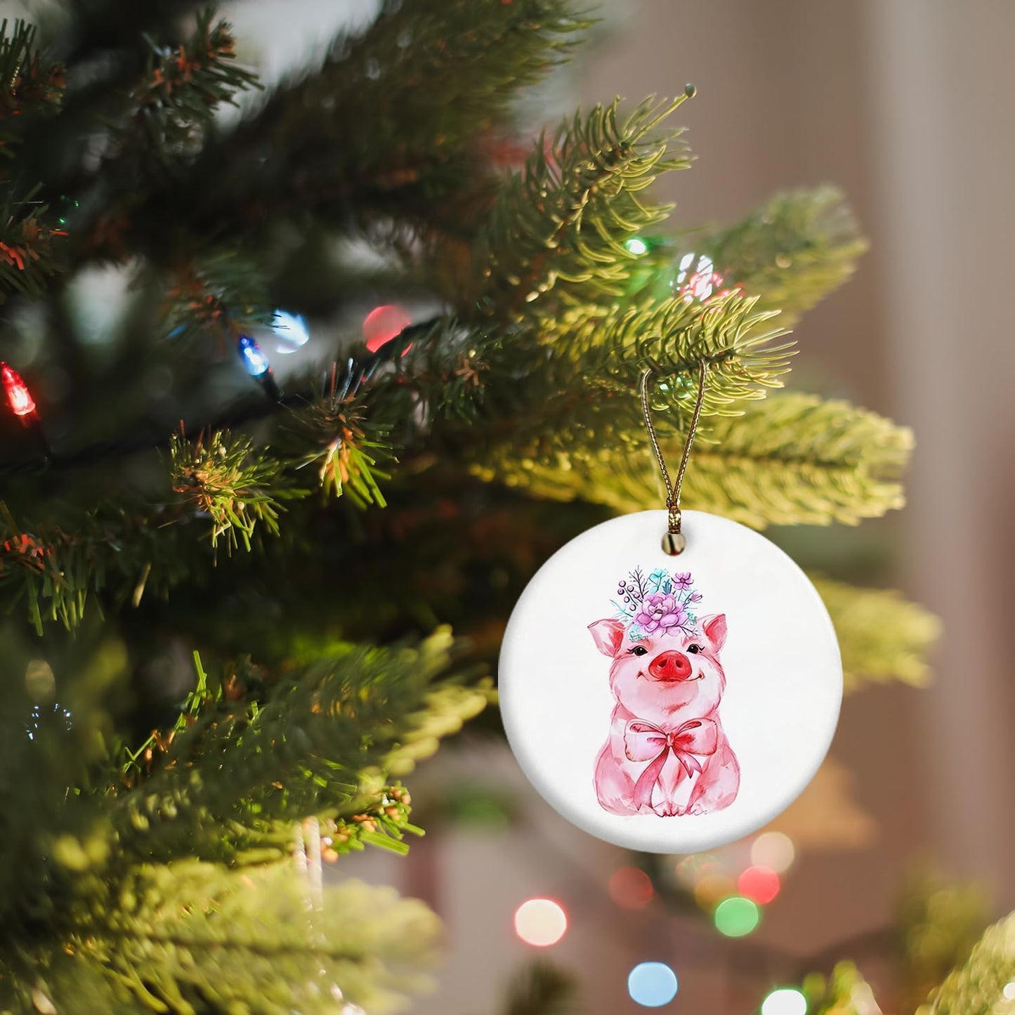 Pink Pig Ornament, Pig Gifts for Pig Lovers Women, Pink Coquette Bow Floral Pig Ceramic Ornaments, Pig Decorative Hanging Ornament