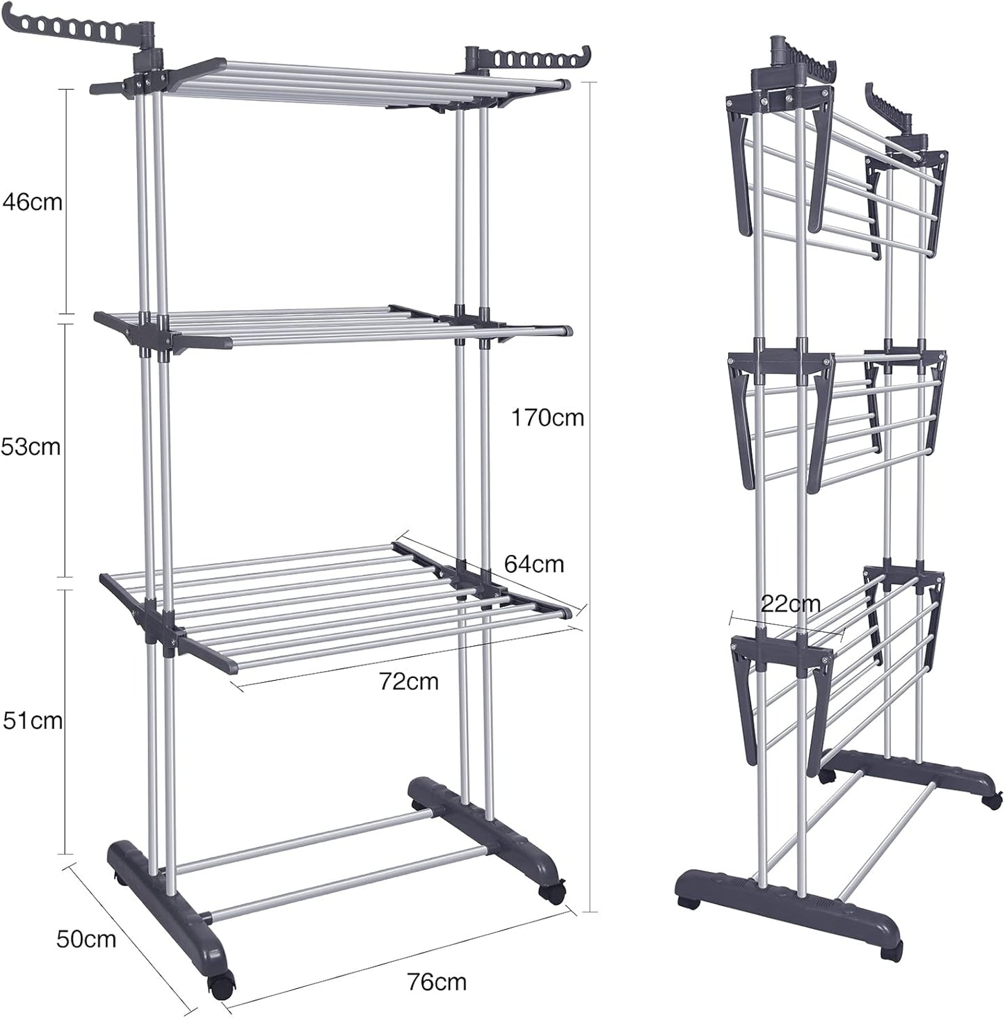 Bigzzia Clothes Drying Rack Folding Drying Rack Clothing 4 Tier Clothes Horses Rack Stainless Steel Laundry Drying Rack with Two Side Wings Grey