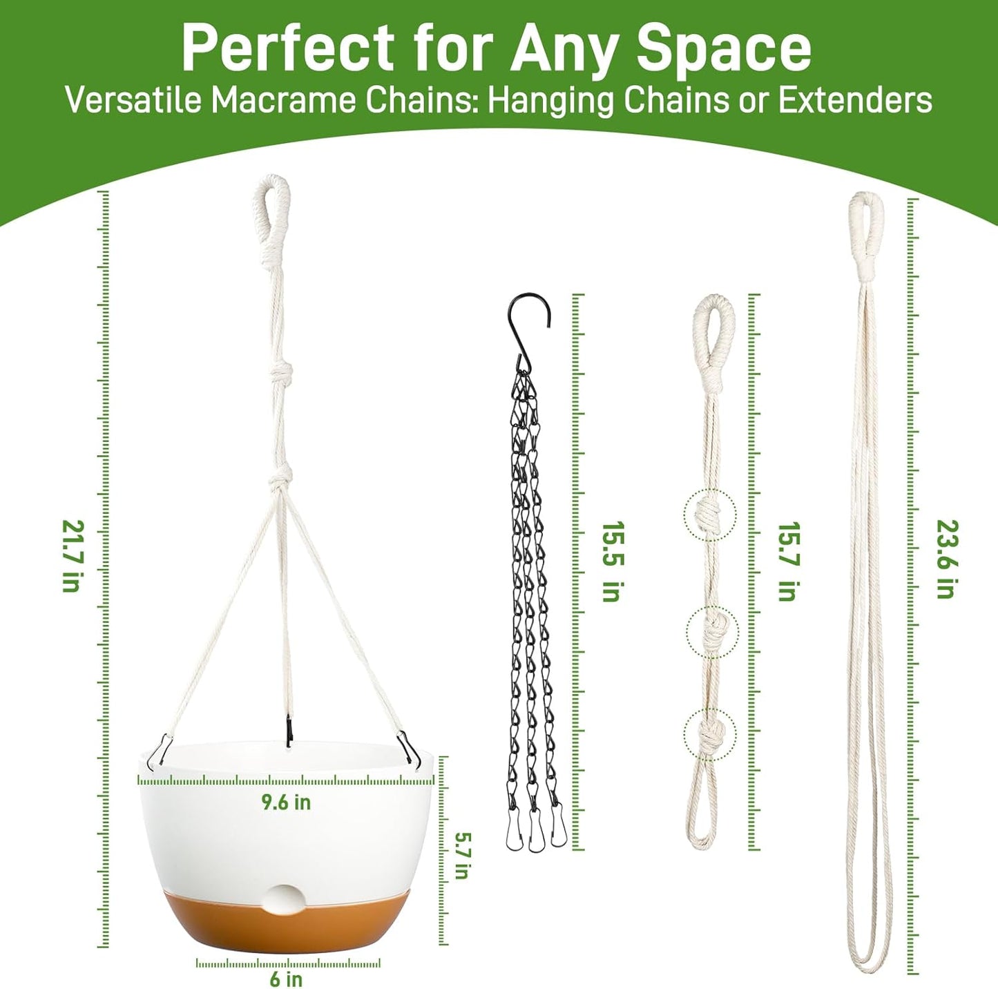 10 Inch Hanging Planters for Indoor & Outdoor Plants (2 Pack) - Self-Watering & Drainage Flower Pots with 2 Kinds of Plant Hangers for Home Decor & Garden (White, 10 in)