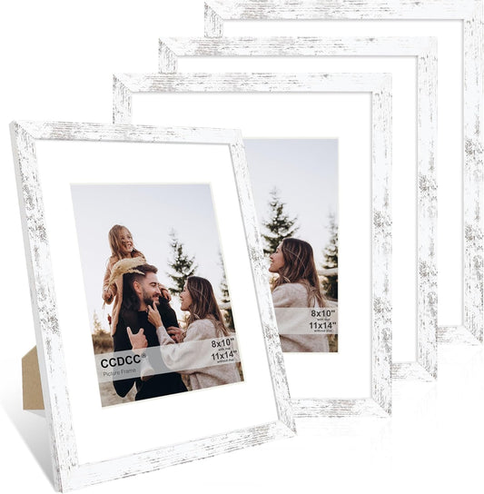 11x14 Picture Frame Set of 4, 11 x 14 Wood Photo Frames with Mat for 8x10, Rustic Natural Wooden Frame with Real Glass Cover for Wall and Tabletop Display,Distressed White