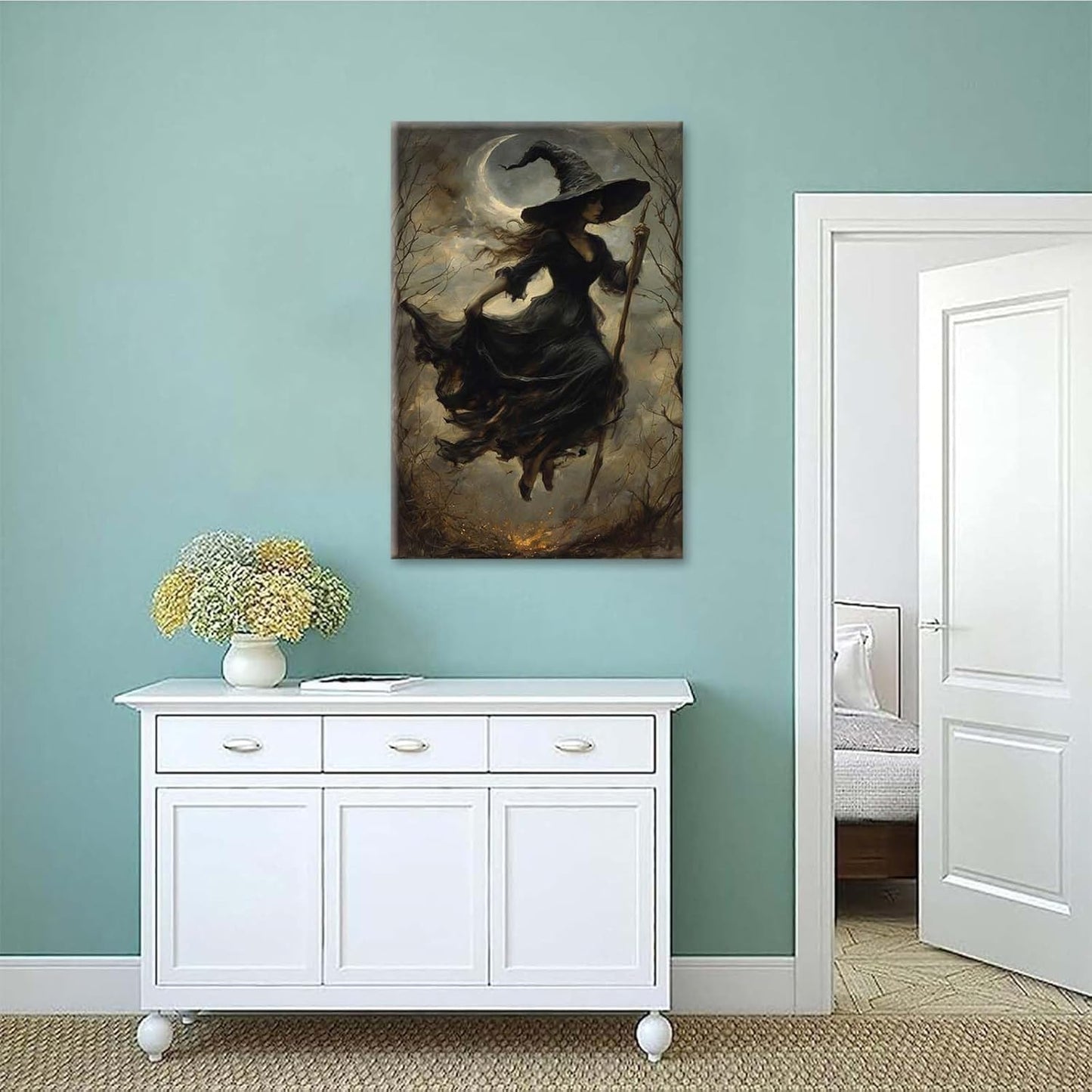 JFHCQJPK Witch in the Forest Halloween Print Wall Art Poster Witch Decor Vintage Print Dark College Wall Art Victorian Gothic Room Decor Canvas Wall Print12x16in Frameless