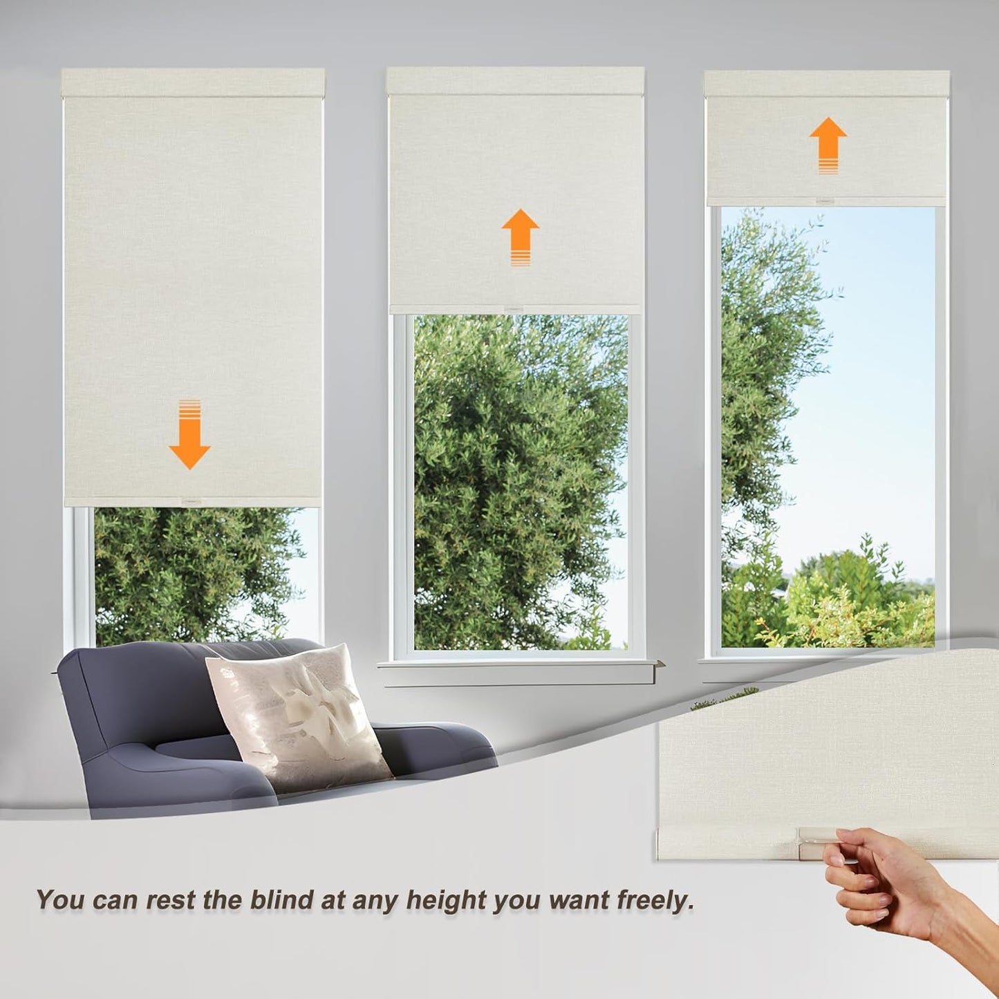 Persilux Blackout Shades for Windows Cordless Roller Blinds, Roller Windows Shades for Home with Fabric Attached Valance, UV Protections Easy Installation for Door/Office, Limestone(44.5" W x 96" H)